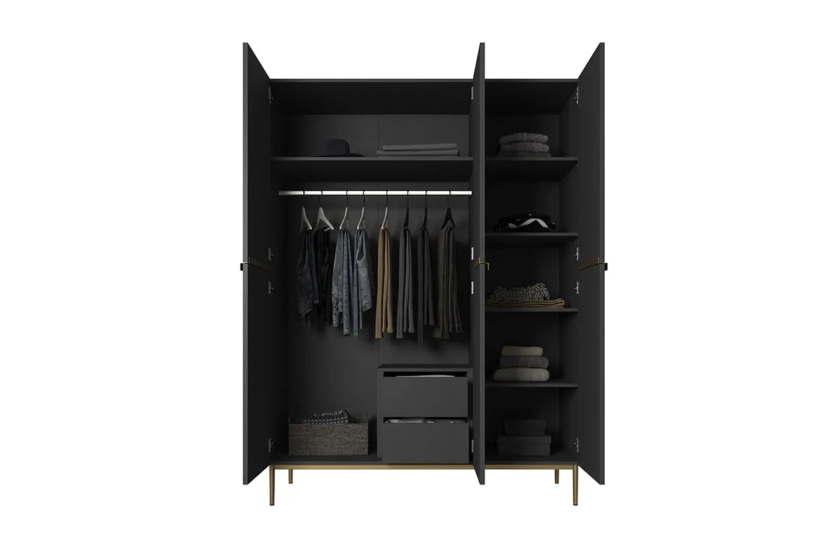 Szafa 3-drzwiowa NICOLE 150 z półkami, drążkiem i 2 szufladami - czarny mat - złoty stelaż - B_148521