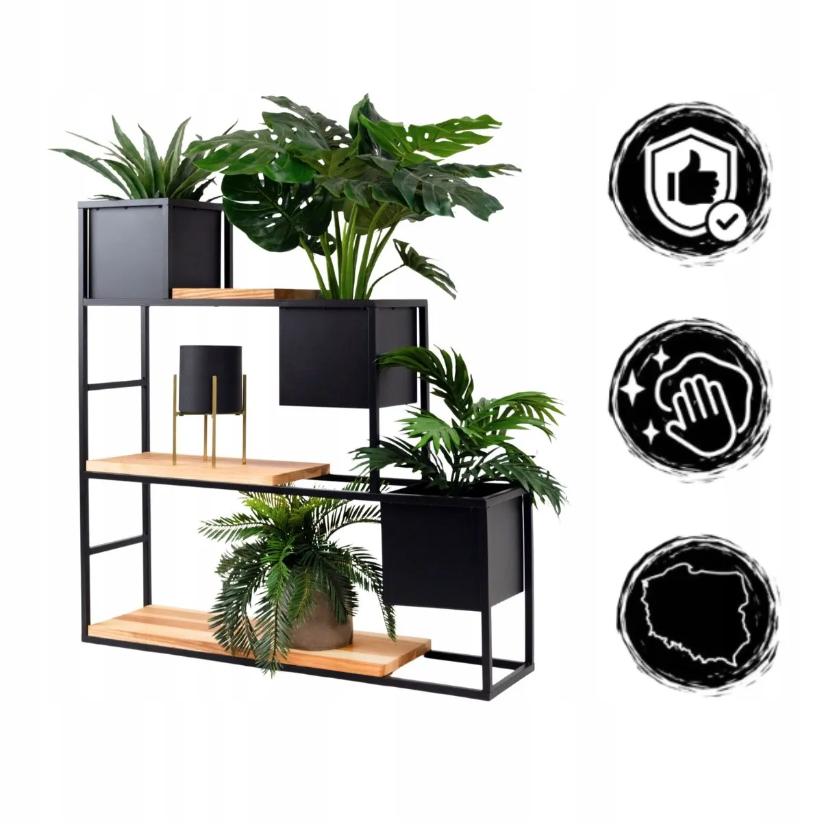 Kwietnik z regałem LYON S 90x23x90 metal drewno czarny naturalny - LD_TZ000051