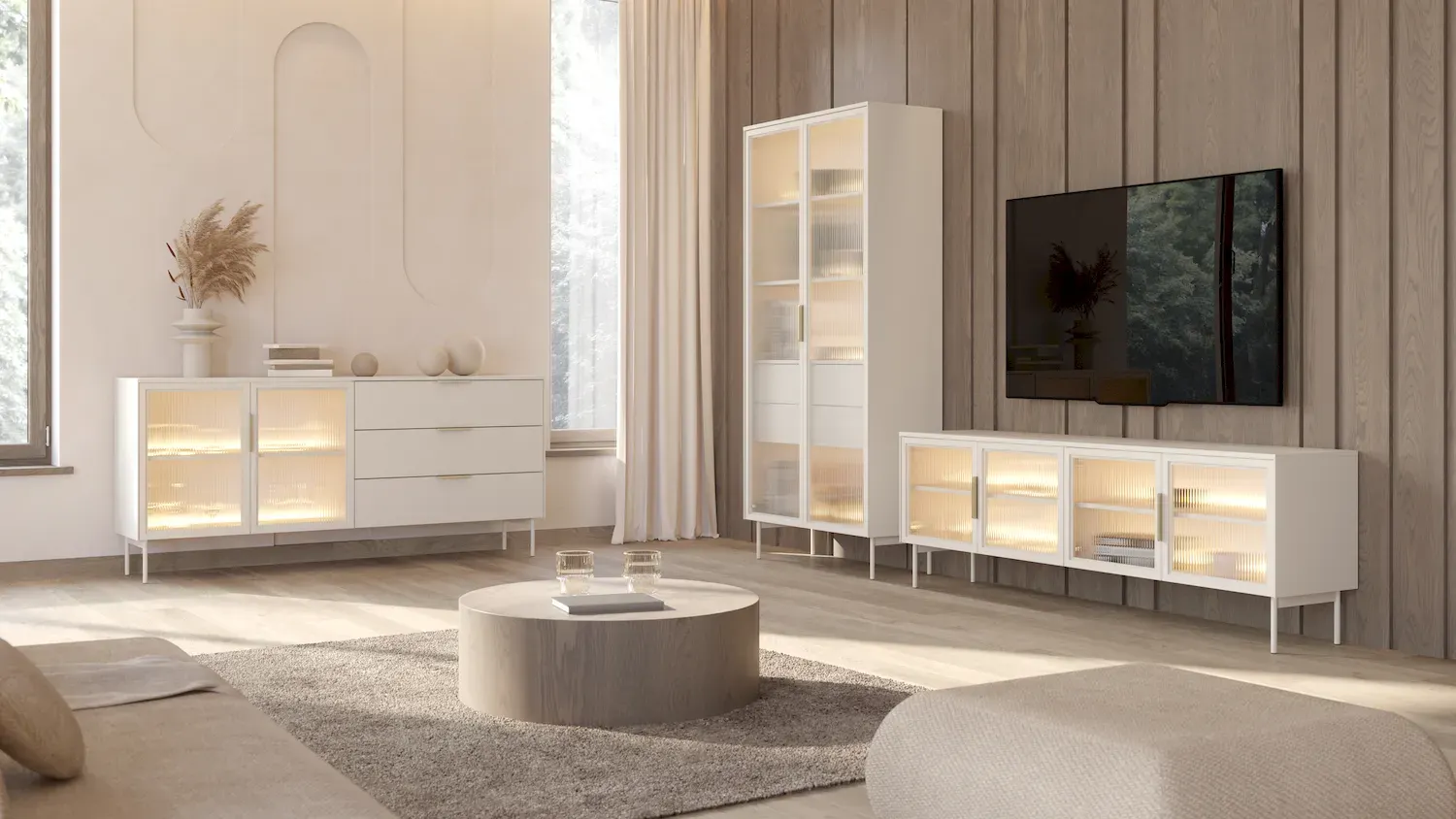 Szafka RTV z przeszkleniem 4-drzwiowa i LUMI 181cm LED kaszmir złote uchwyty - LA_LUMI_RTV_181_4D