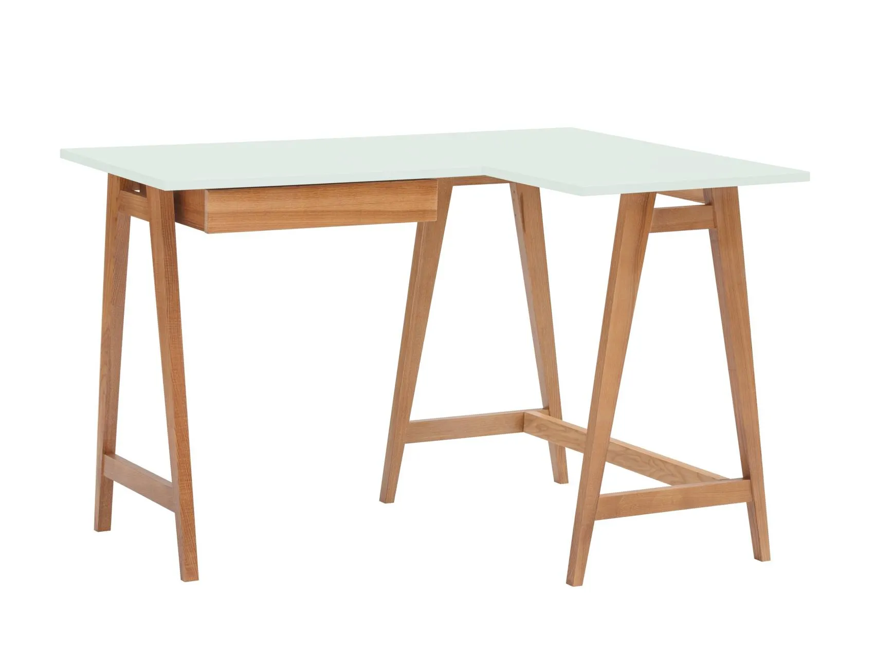Biurko narożne jesionowe LUKA Prawe z szufladą 115cm x 85cm kremowe kolor nóg dąb