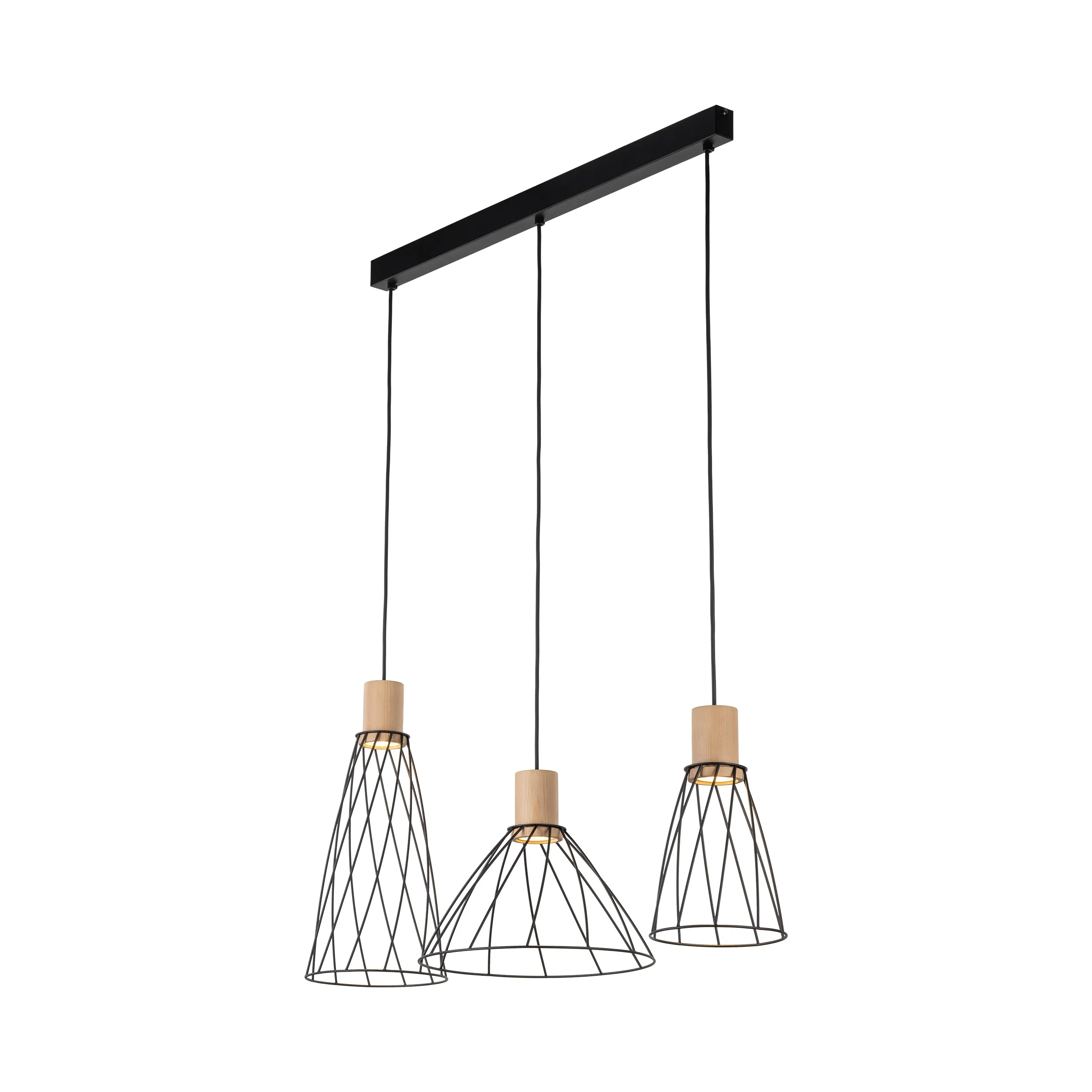 Lampa wisząca MODESTO czarna na listwie z drewnianymi elementami różnokształtne klosze 140x82x29cm - TK_10158