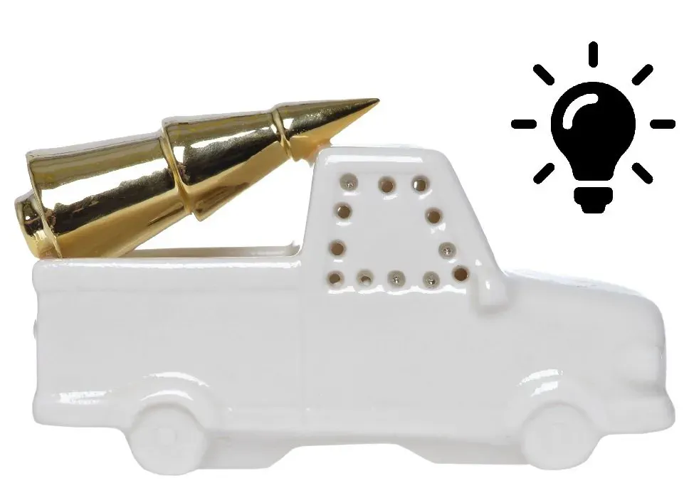 Porcelanowe AUTO Z CHOINKĄ W BAGAŻNIKU podświetlane małe biało-złote Porcelanowe AUTO Z CHOINKĄ W BAGAŻNIKU podświetlane małe biało-złote