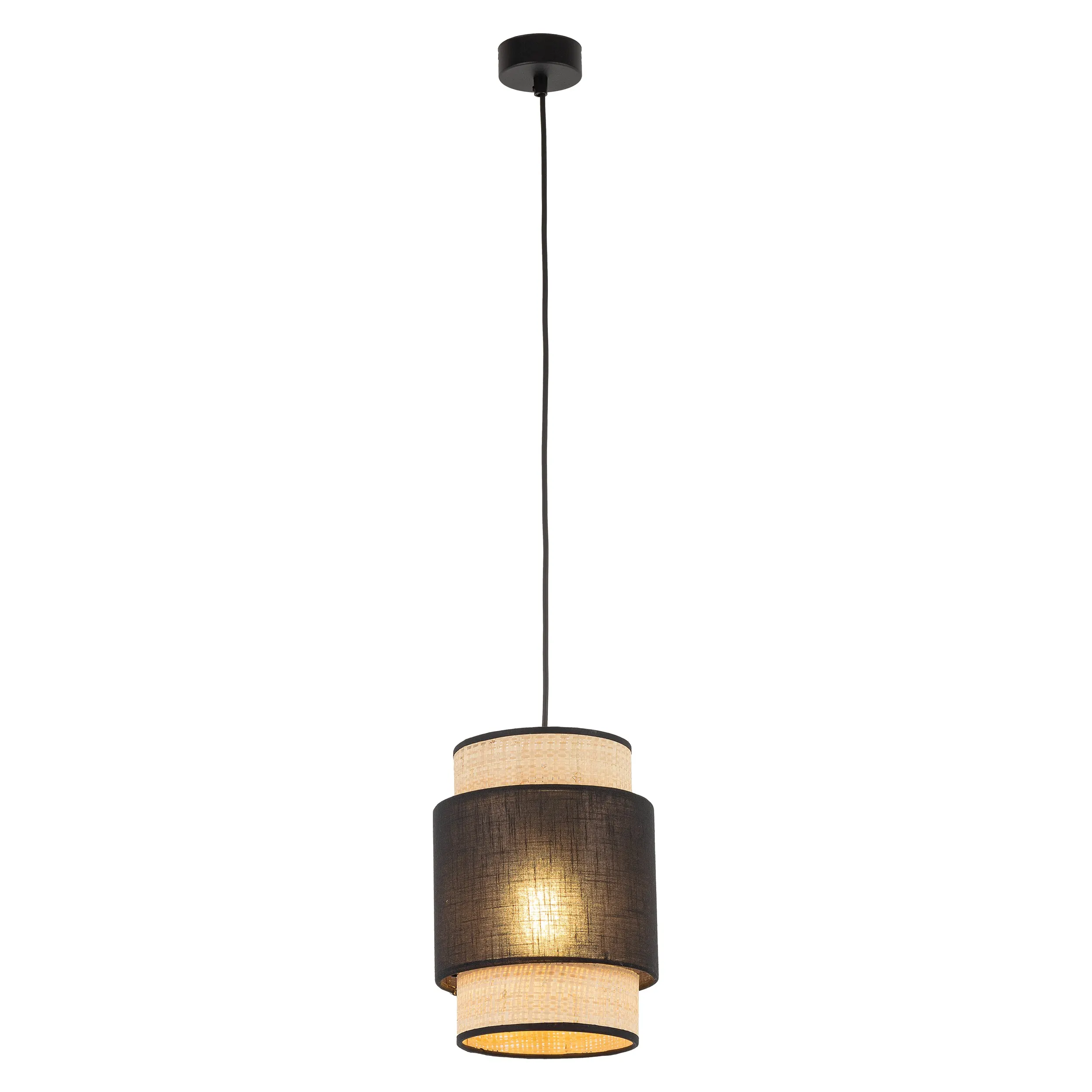 Lampa wisząca BOHO czarna z brązowym kloszem z tkaniny rafia plecionki 170x20cm - TK_5656
