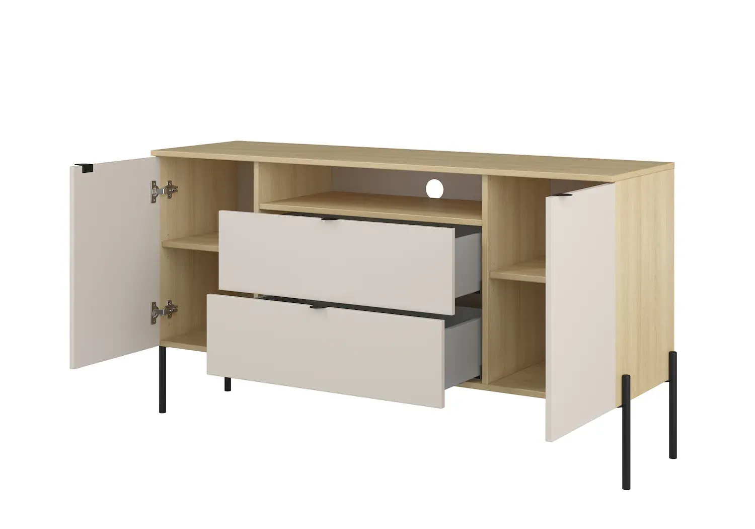 Komoda 2-drzwiowa z 2 szufladami i wnęką ORE 140 cm dąb lindberg kaszmir czarne nóżki - 24LKOG26