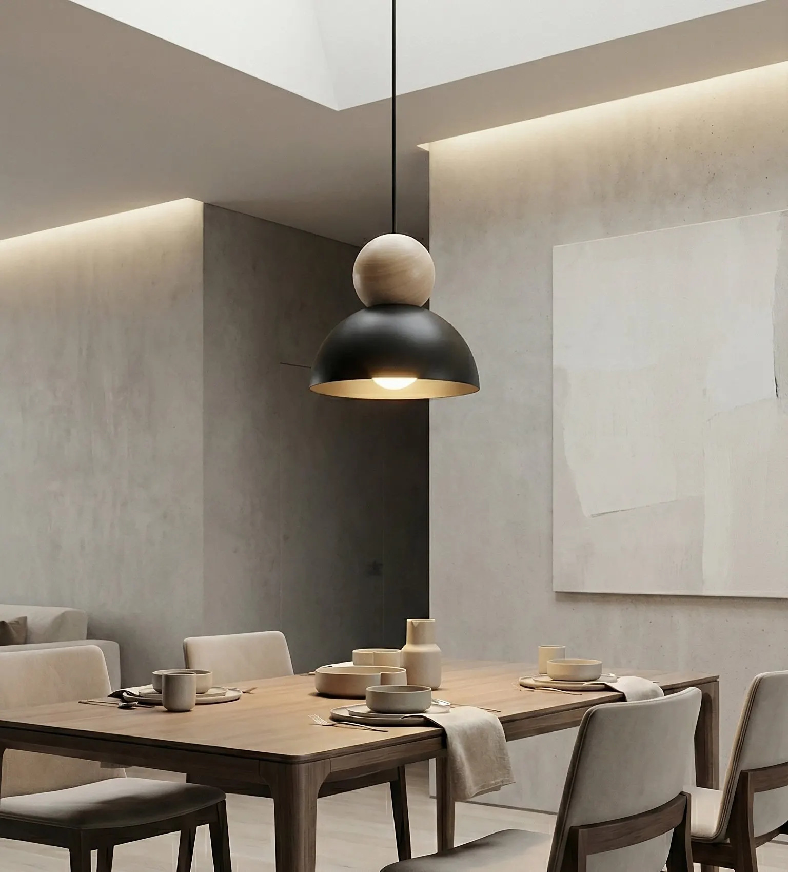 image lampa wisząca, czarna lampa, stół jadalny, kredowa aranżacja?, minimalistyczny wystrój