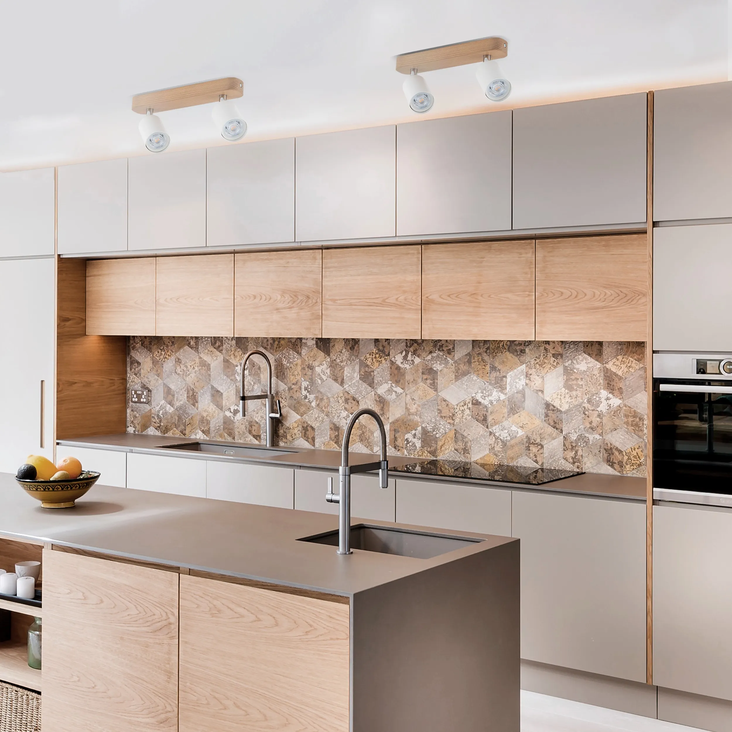 Lampa sufitowa TOP podwójna biała z chromowanymi elementami na drewnianej sosnowej listwie 35x18x14cm - TK_3295