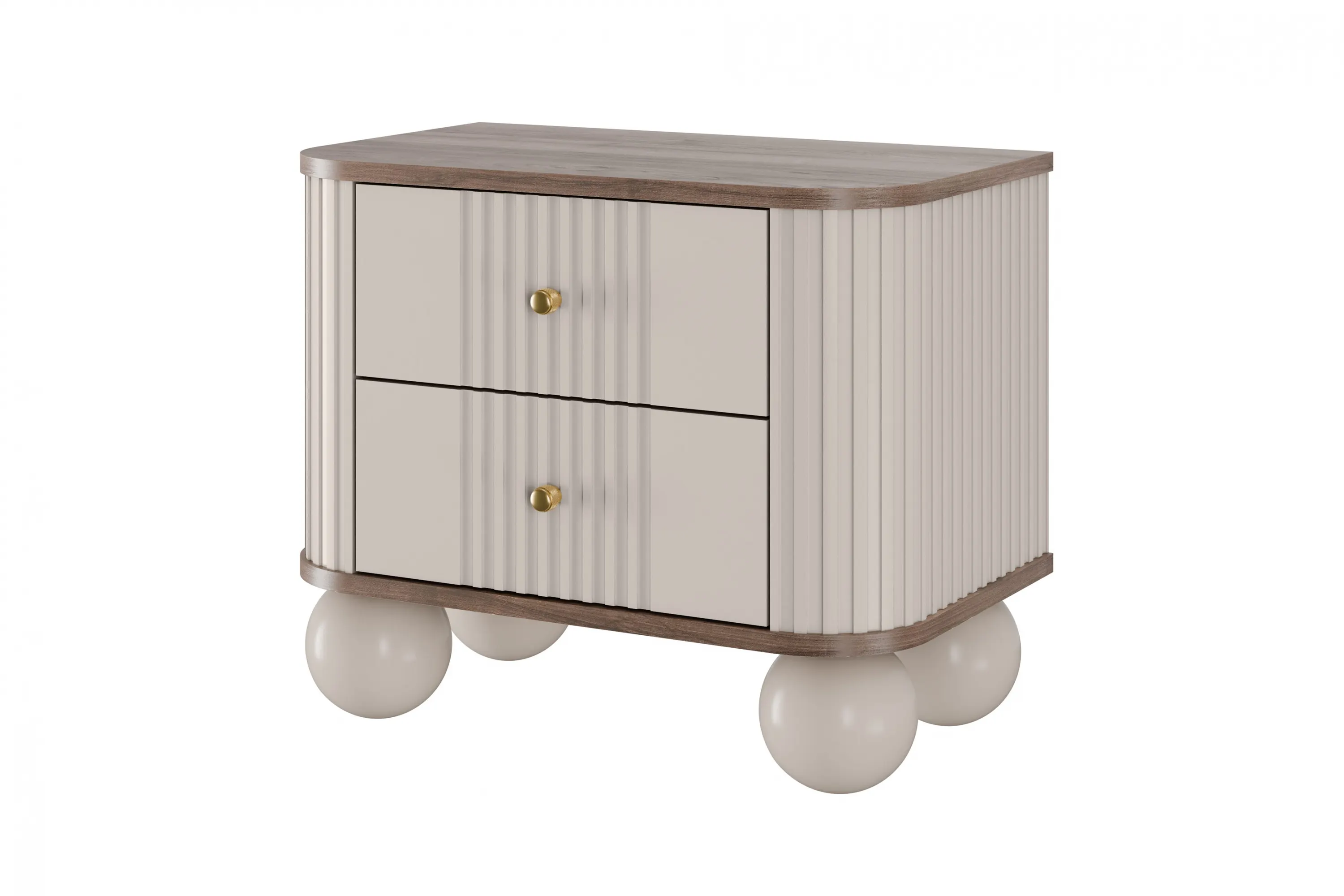 Szafka nocna z 2 szufladami VESPER 56 zestaw 2 sztuk ryflowany front cashmere orzech złote uchwyty nogi kule - B_163838