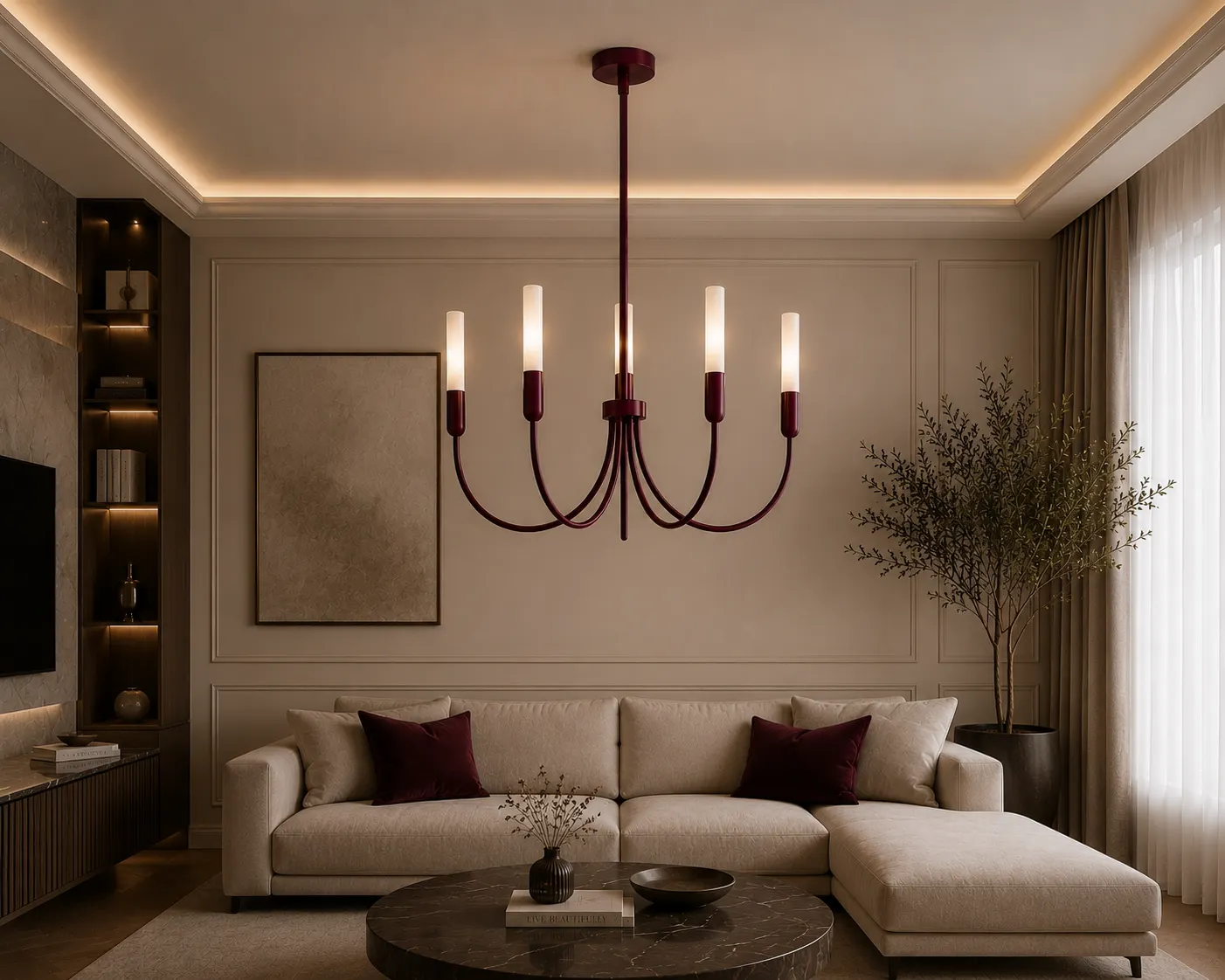 lampa wisząca, kandelabry, salon, sofa narożny, półki