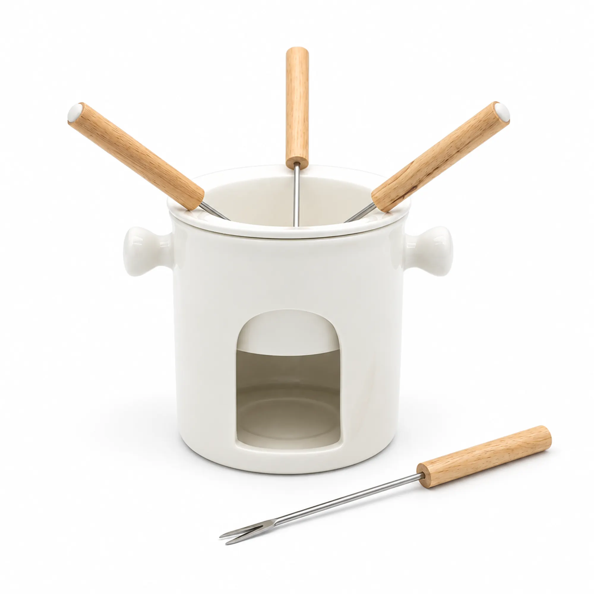 fondue, zestaw, ceramiczny, stal-nierdzewna, drewniane-rękojeści