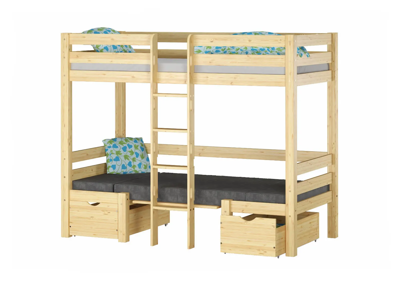 Łóżko drewniane piętrowe DOUBLE ze stelażem i siedziskiem naturalne Łóżko drewniane piętrowe DOUBLE ze stelażem i siedziskiem naturalne