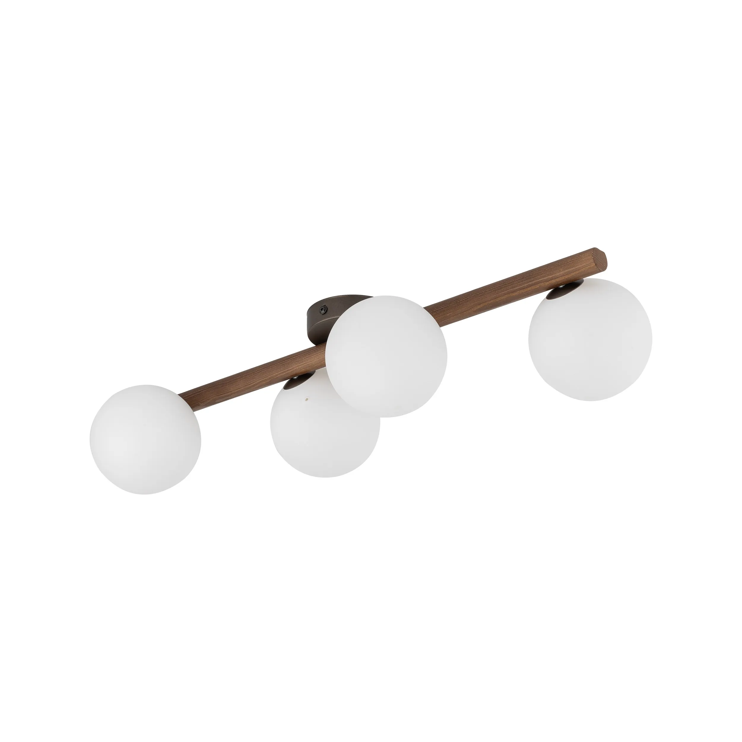 Lampa sufitowa ESTERA brązowa na drewnianej orzechowej listwie z białymi okrągłymi szklanymi kloszami 65x23x17cm - TK_10270
