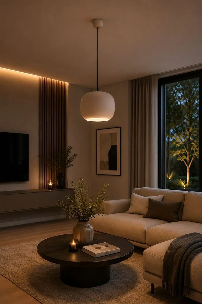 salon, lampade wisząca, sofa, stolik kawowy, wnętrze przytulne