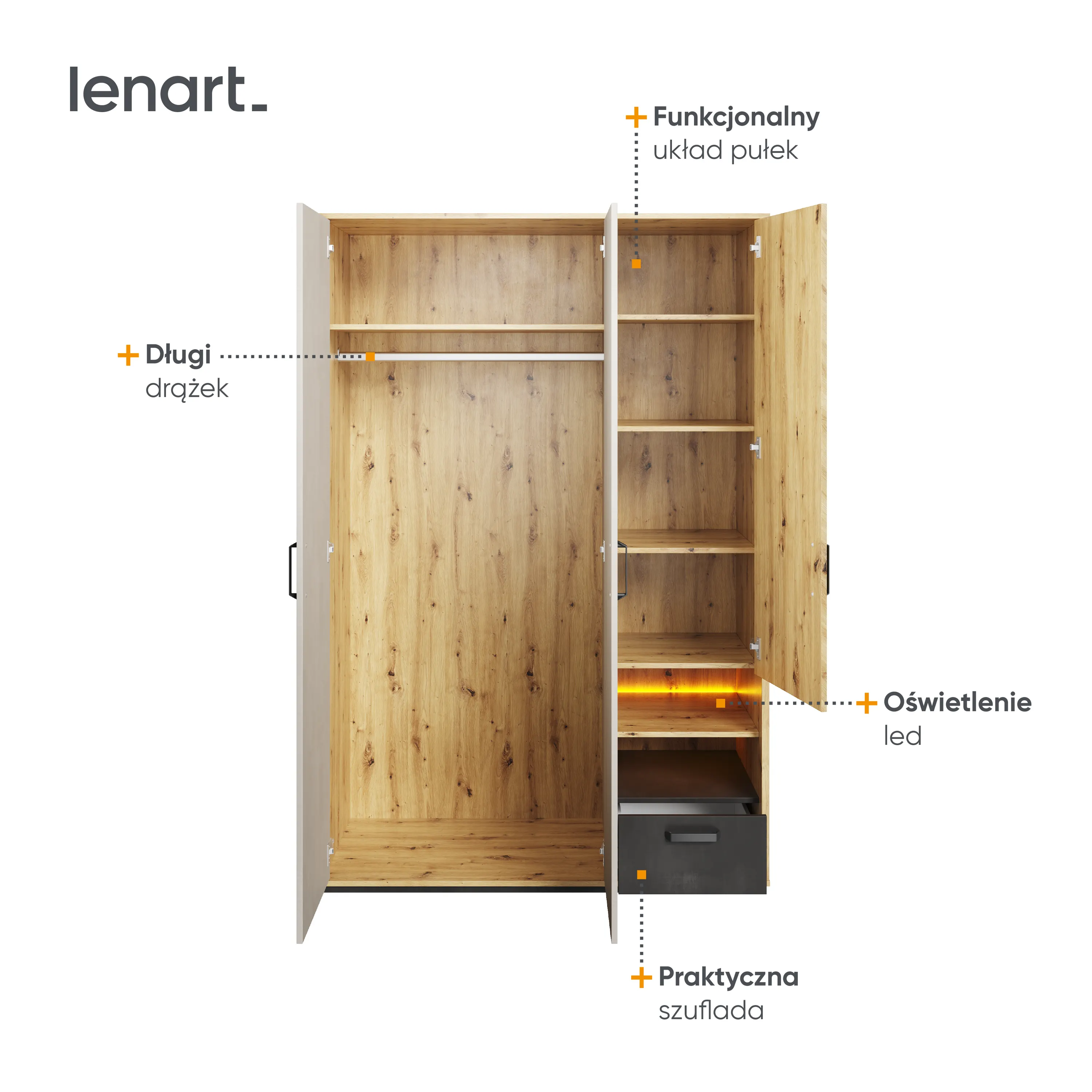 Szafa 3-drzwiowa LED Qubic QB-02 130cm dąb artisan - QB2DAR
