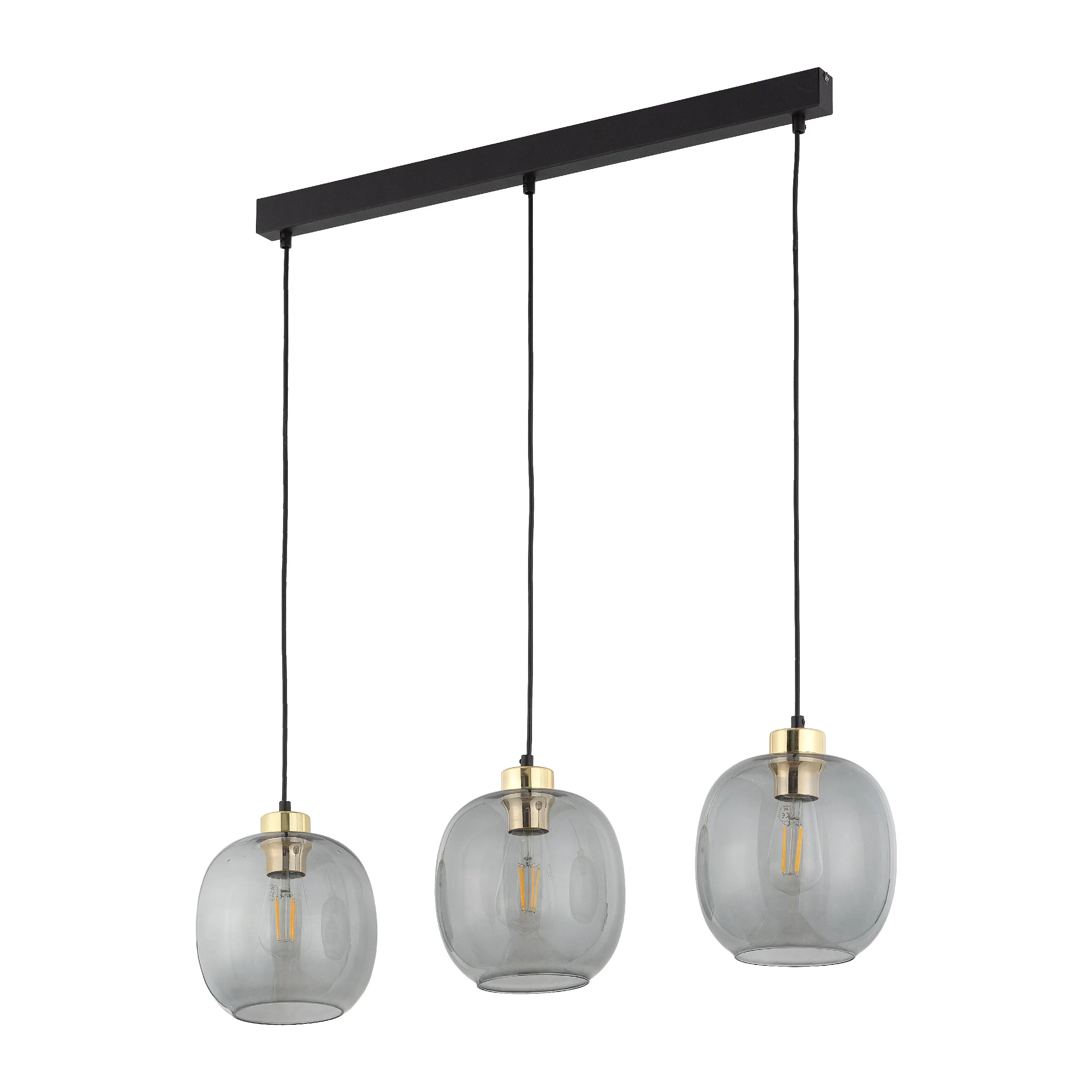 Lampa wisząca OMEGA czarna na metalowej listwie złote elementy szare okrągłe szklane klosze 100x84x20cm