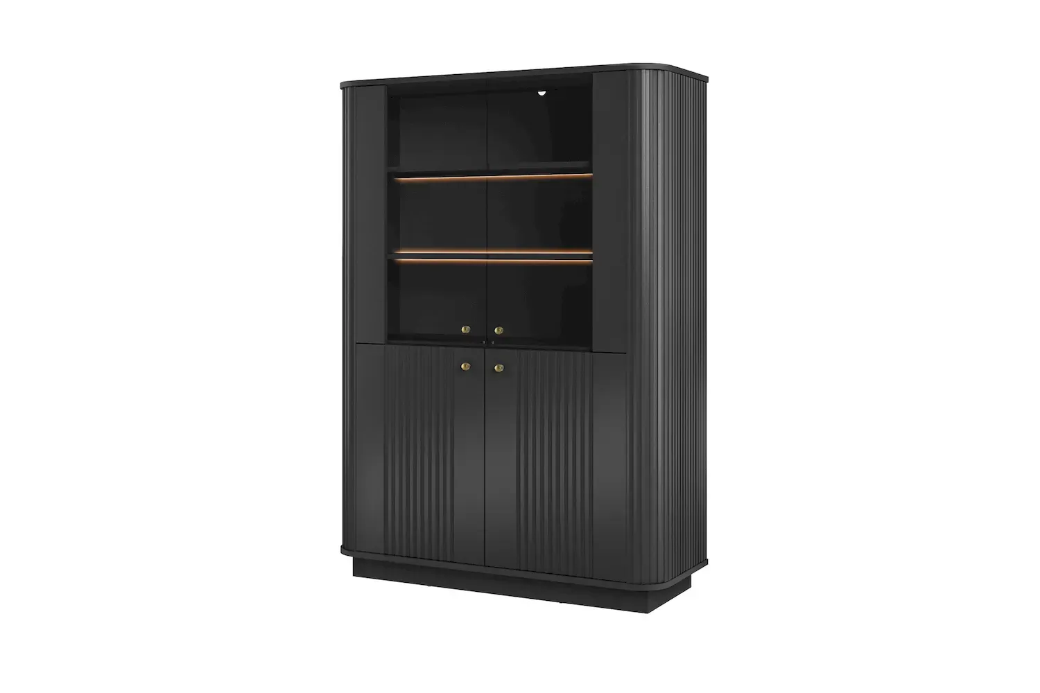 Witryna 4-drzwiowa VESPER z oświetleniem ryflowany front - czarny złote uchwyty cokół