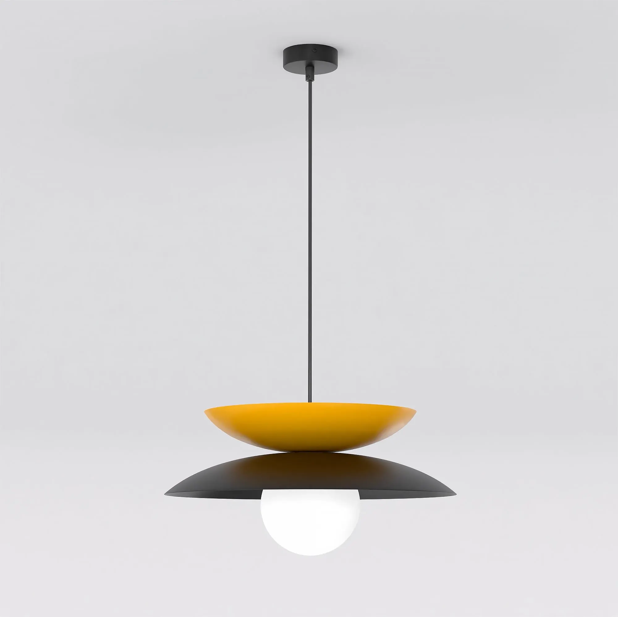 lampa wisząca, szklana żarówka, kolor żółty, czarna oprawa, minimalistyczny design