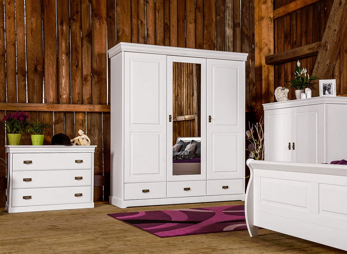 Szafa 3-drzwiowa z 3 szufladami i lustrem sosnowa Toskania Kolor Biały - PL2017B