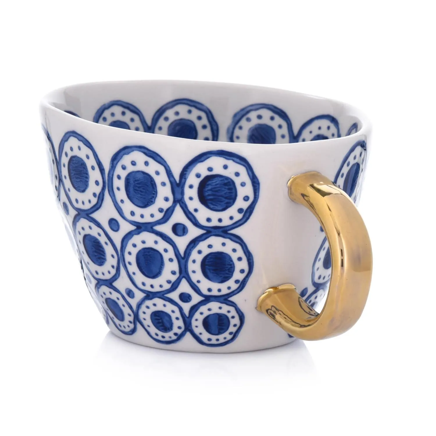 ceramiczny kubek, niebieski wzór, złota rączka, kubek do kawy, ozdobny kubek