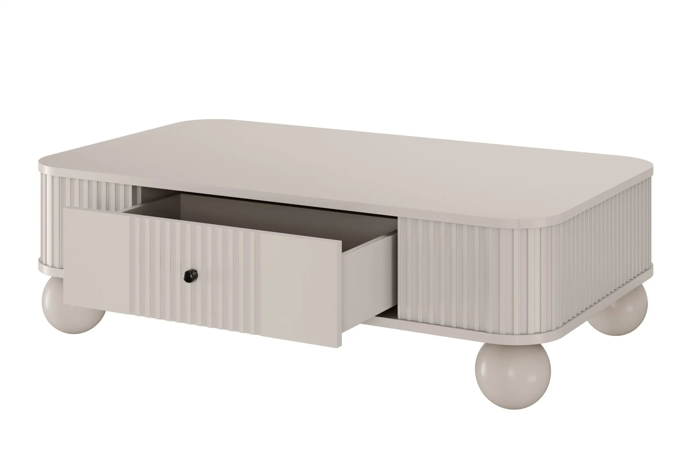 Stolik kawowy z szufladą VESPER 103 ryflowany front cashmere czarne uchwyty nogi kule - B_163806