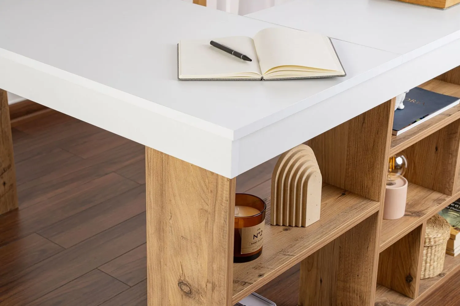 Biurko narożne z regałem VESPER 120x130 biały naturalny - ASI_241NRD1110