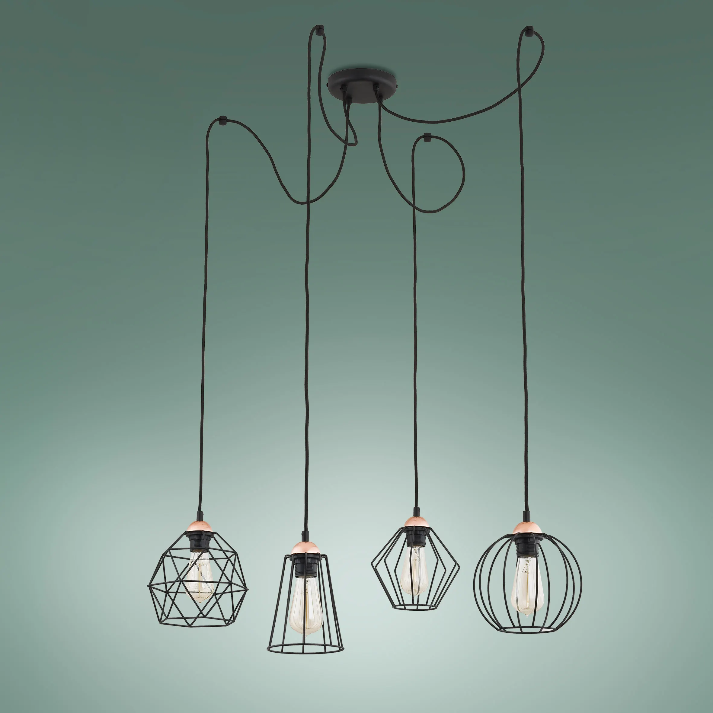 Lampa wisząca GALAXY pająk z podporami czarna ze złotymi elementami klosze w różnych kształtach 130x70cm - TK_1646