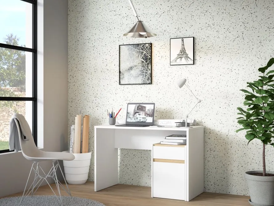 Biurko MODULTRICK z szafką i szufladą - dąb artisan, biały - MDUB111-M961
