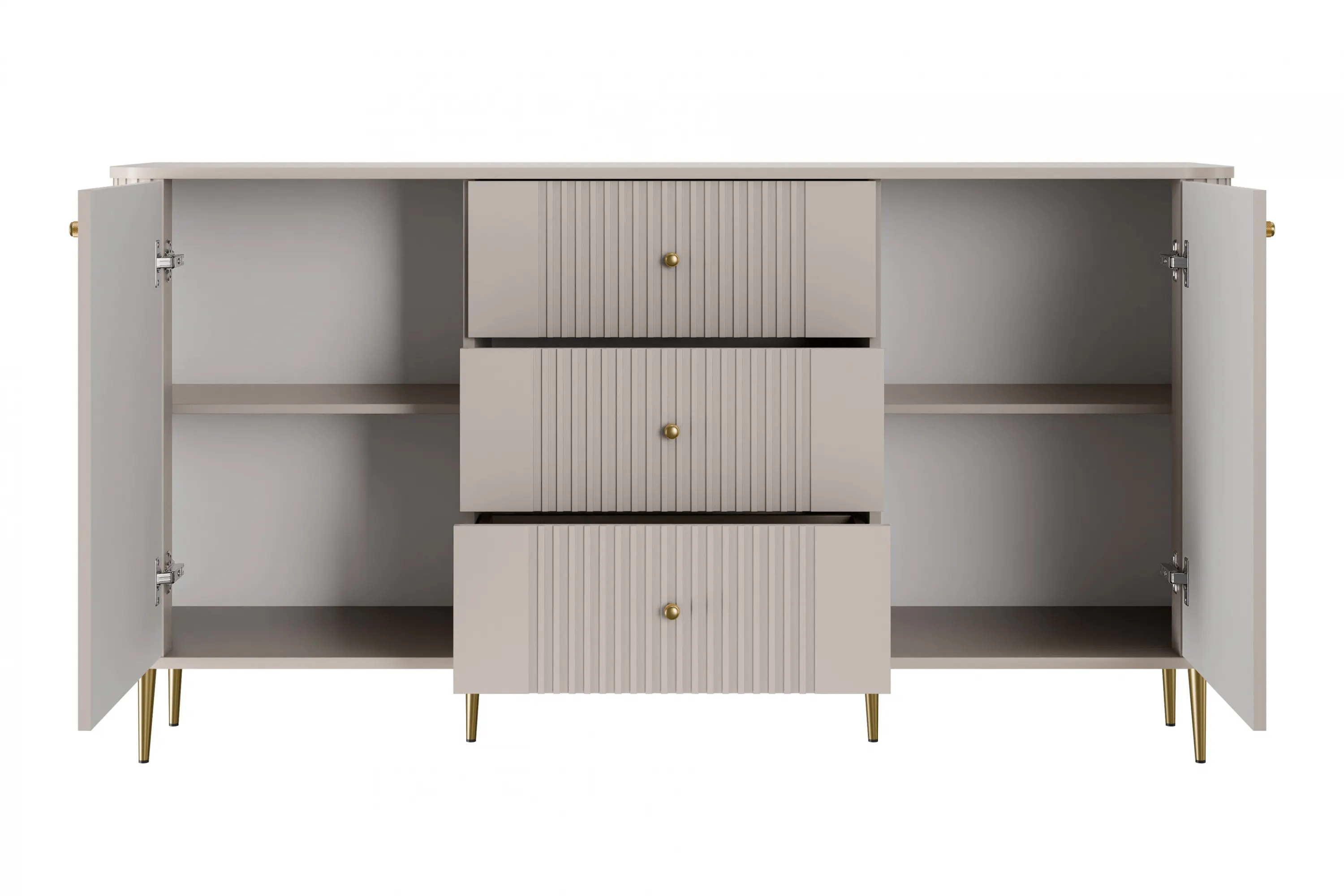 Komoda 2-drzwiowa z 3 szufladami VESPER 160 ryflowany front cashmere złote nogi - B_163596