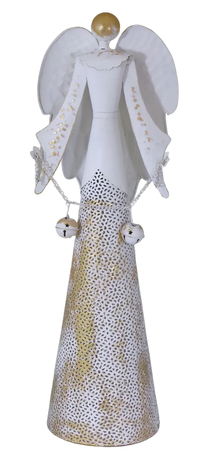 Metalowy ANIOŁ Z DZWONECZKAMI średni biało-złoty