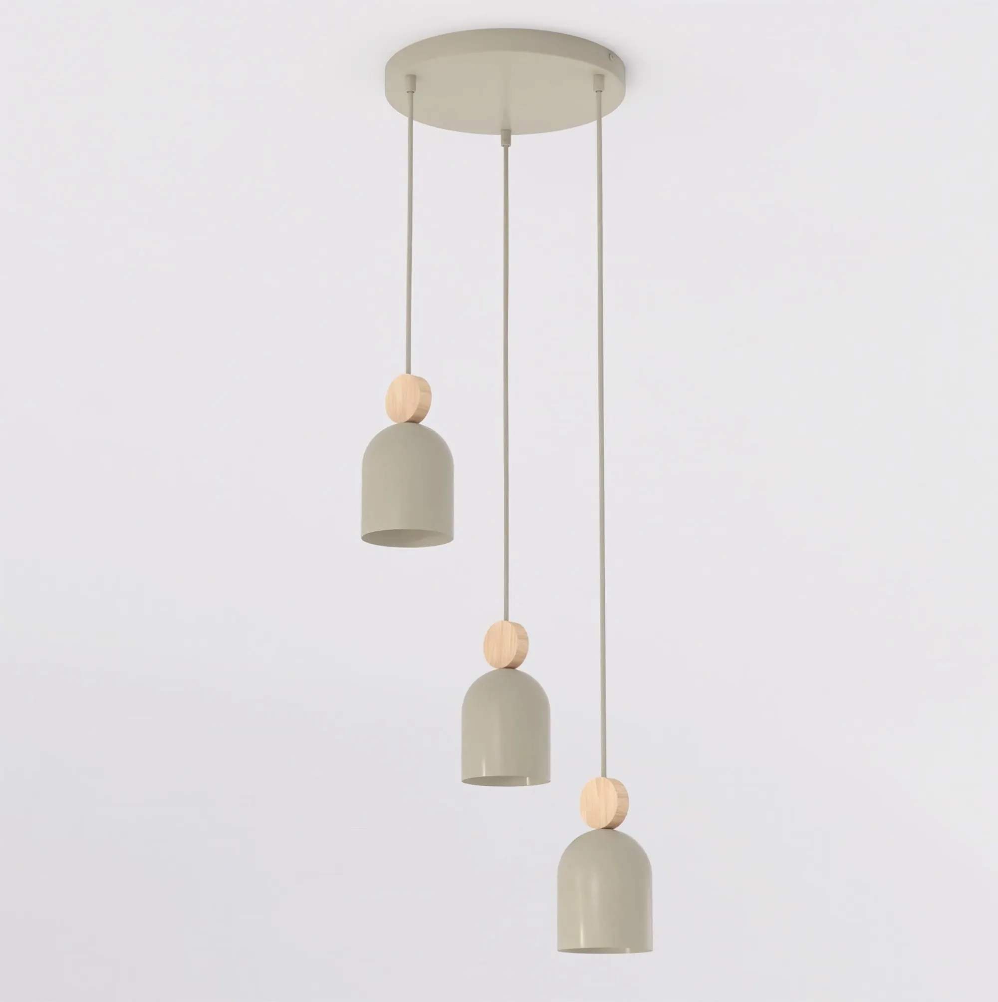 lampa wisząca, pojedyncze źródło światła, szara, metalowy klosz, drewniane elementy