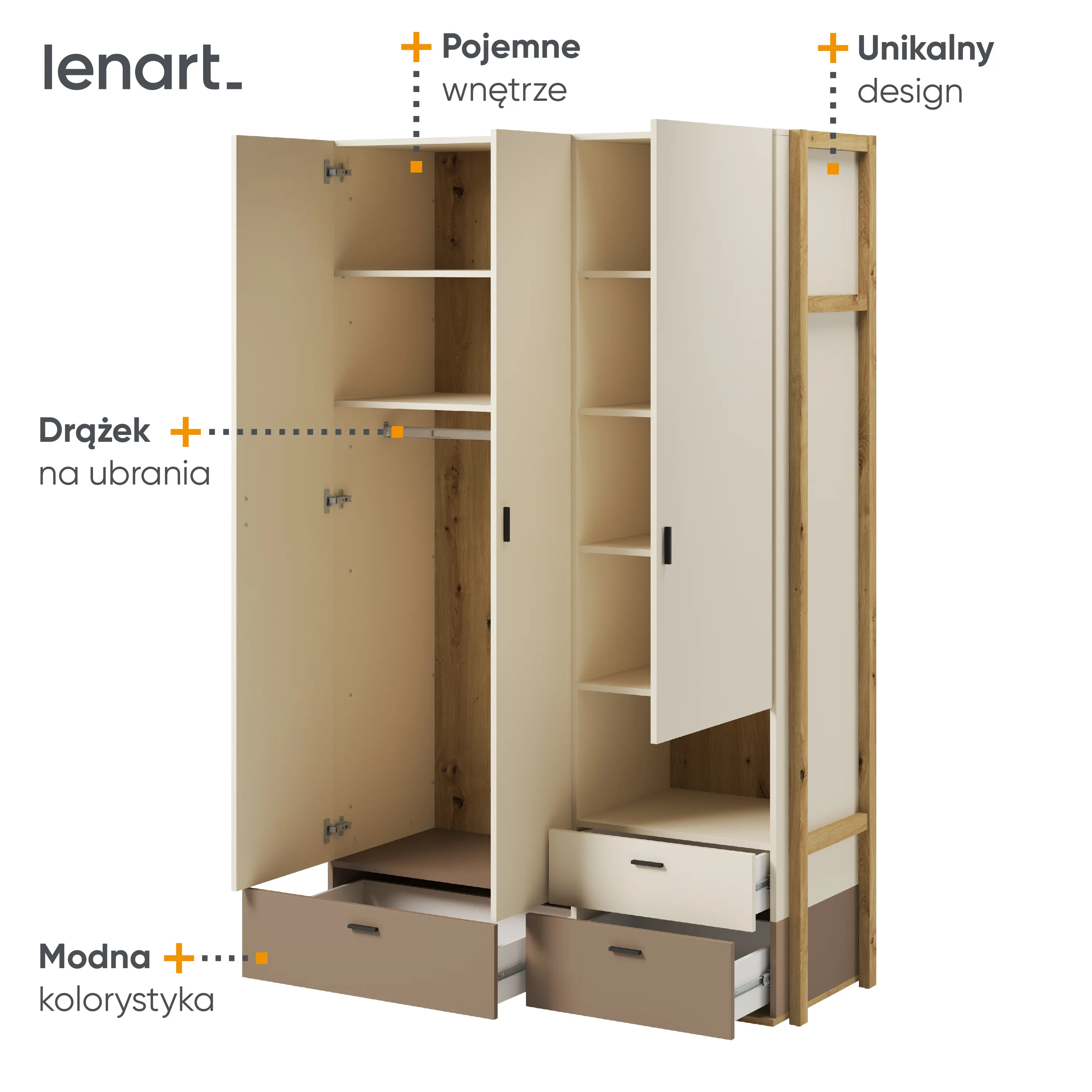 Szafa 3-drzwiowa Lenny LY-01 dąb artisan/beż/truflowy - LY1ABT