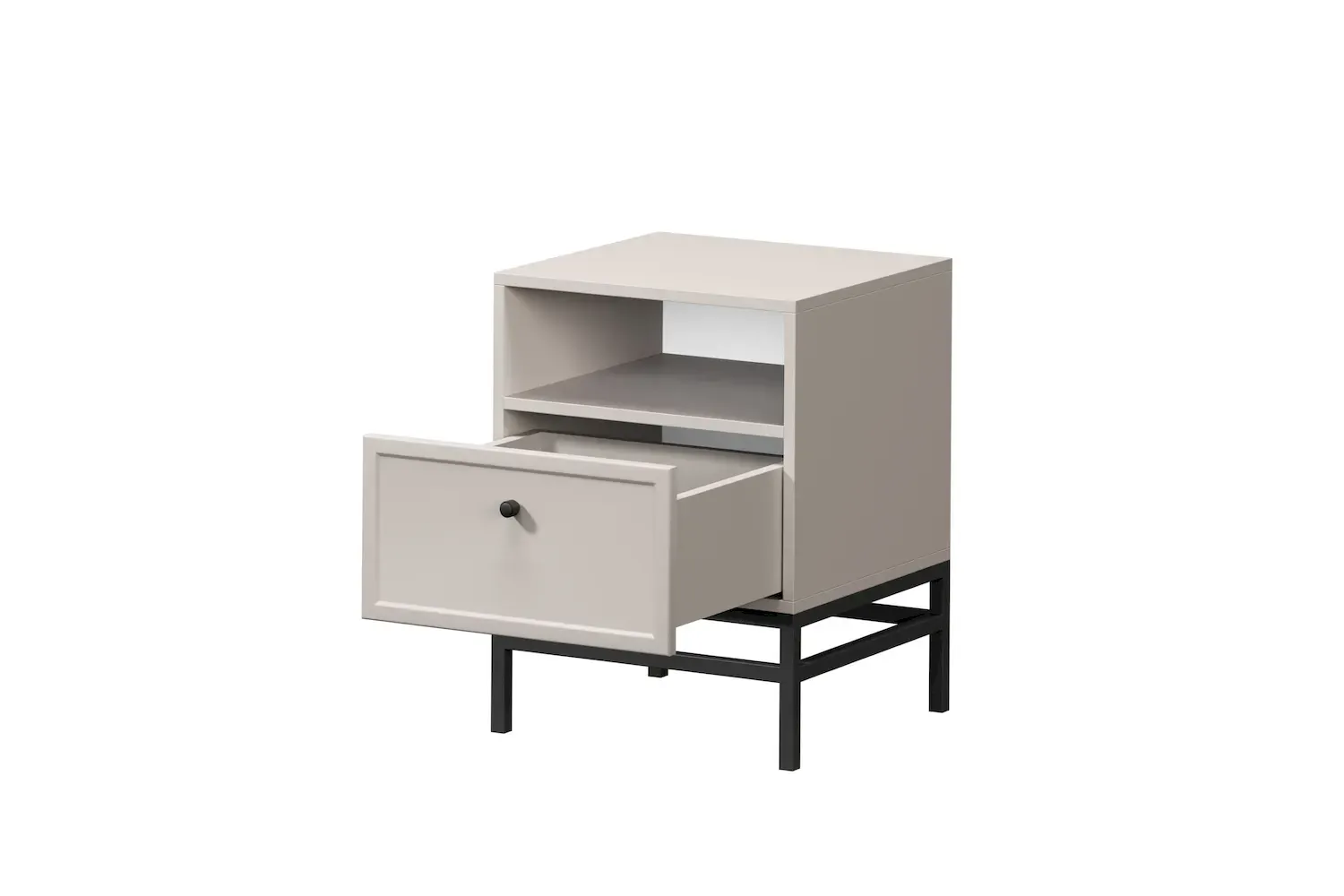 Szafka nocna z szufladą i półką LORINI 45 - cashmere gałka czarna stelaż czarny - B_166684