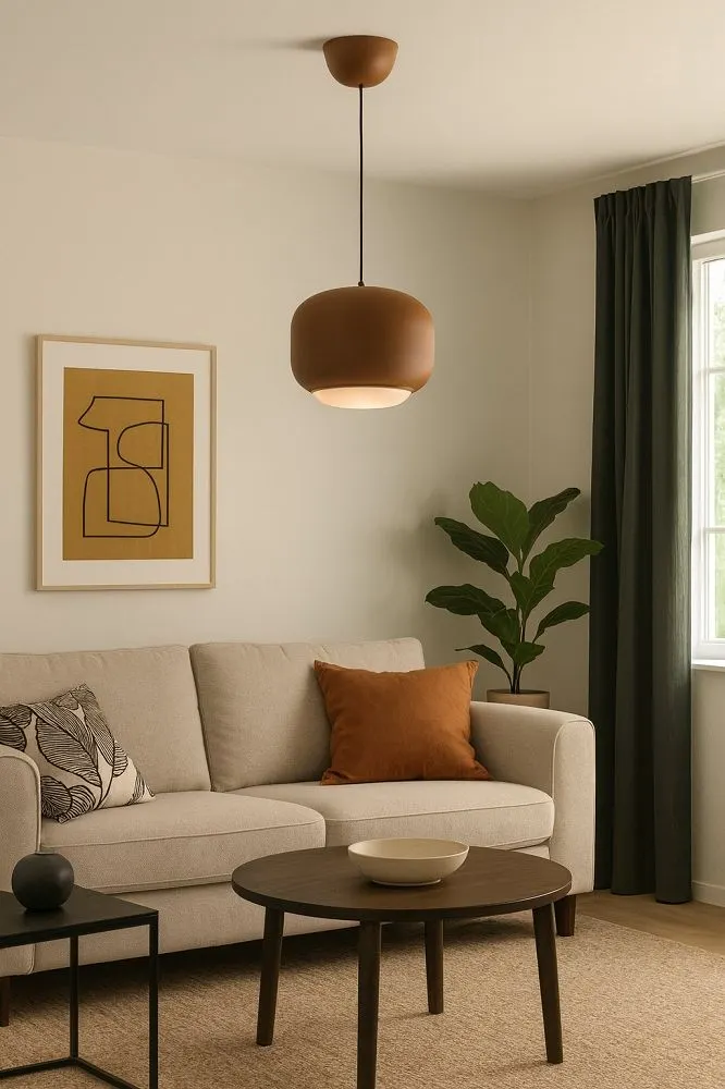 lampa wisząca, pokój dzienny, sofa 2-osobowa, poduszka brązowa, dywan naturalny