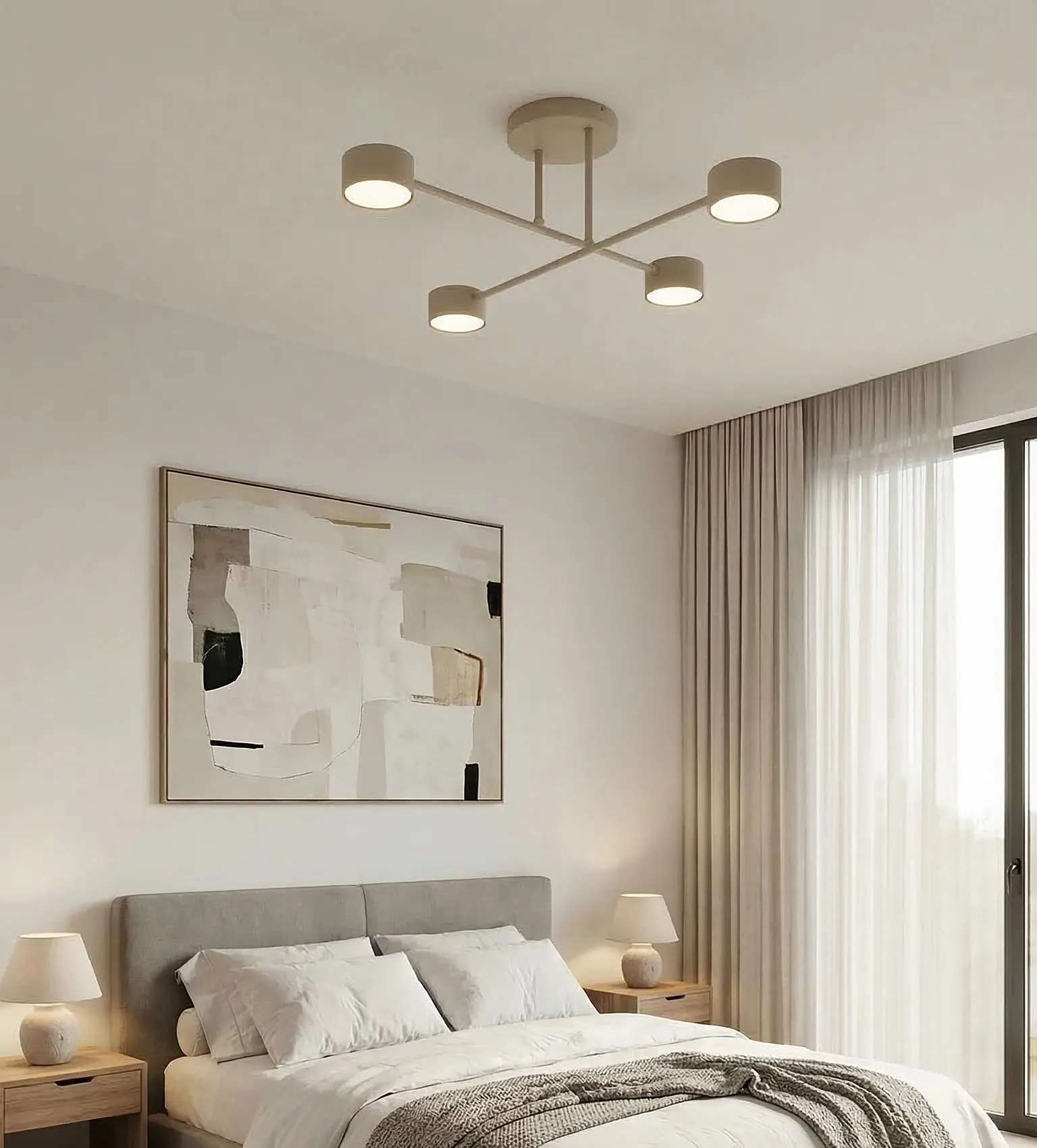 lampa sufitowa, kinkiet, sypialnia, zasłony, obrazy abstract