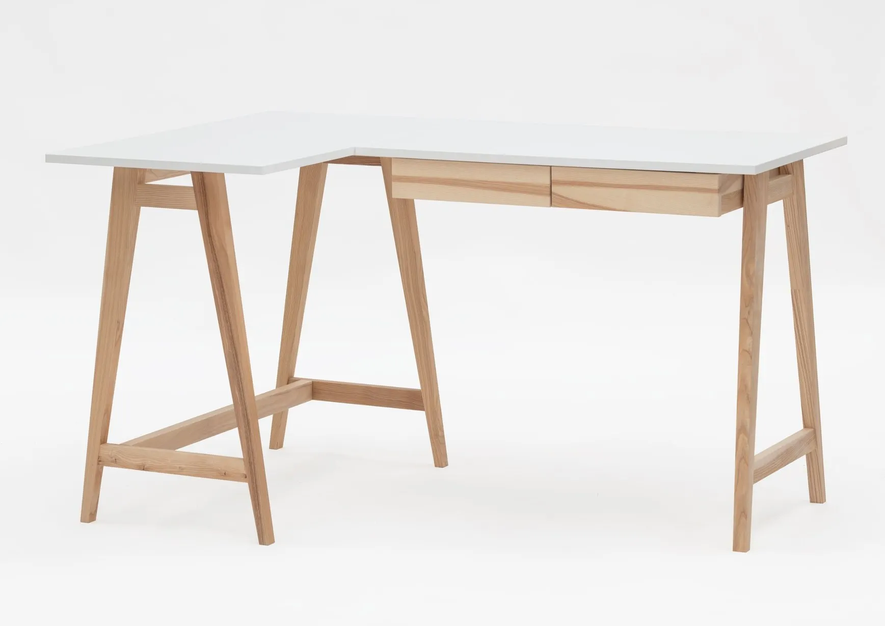 Biurko narożne z szufladą LUKA lewostronne 135x85 biały blat/drewniane nogi