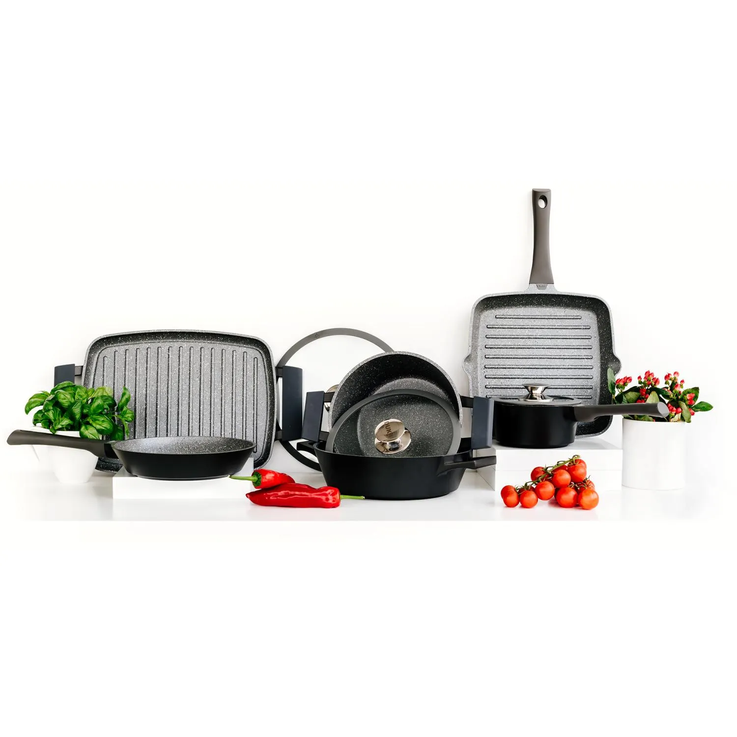 patelnia grillowa, zestaw garnków, powłoka nieprzywieralna, rama/grillowa, kolor czarny