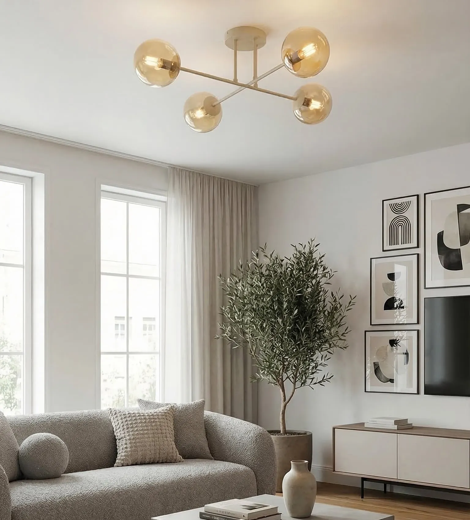 image lampa wisząca, kula wisząca, salon, wnętrze, drzewo sztuczne
