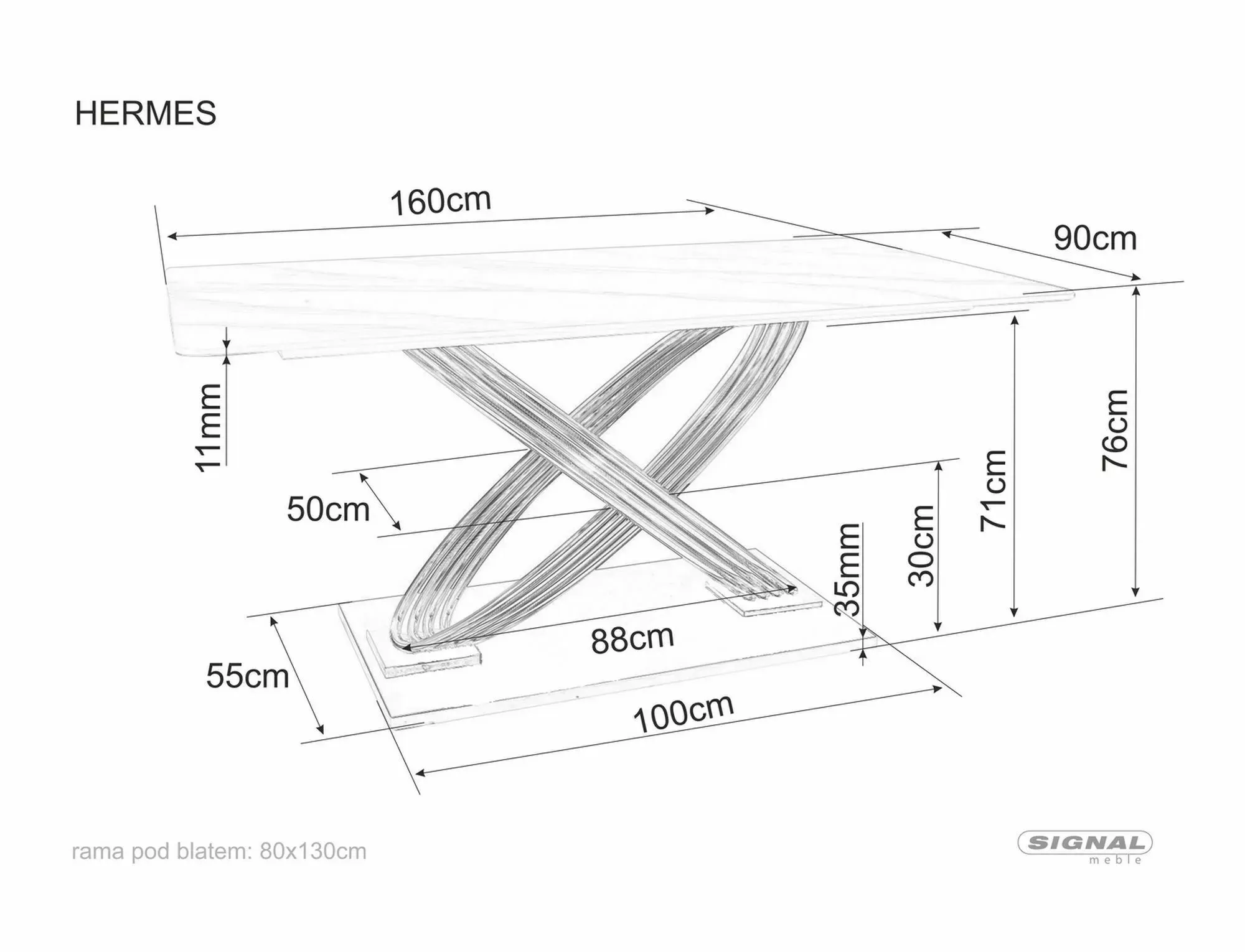 Stół nierozkładany HERMES 90x160 efekt marmuru biały połysk stelaż złoty - HERMESBZL160