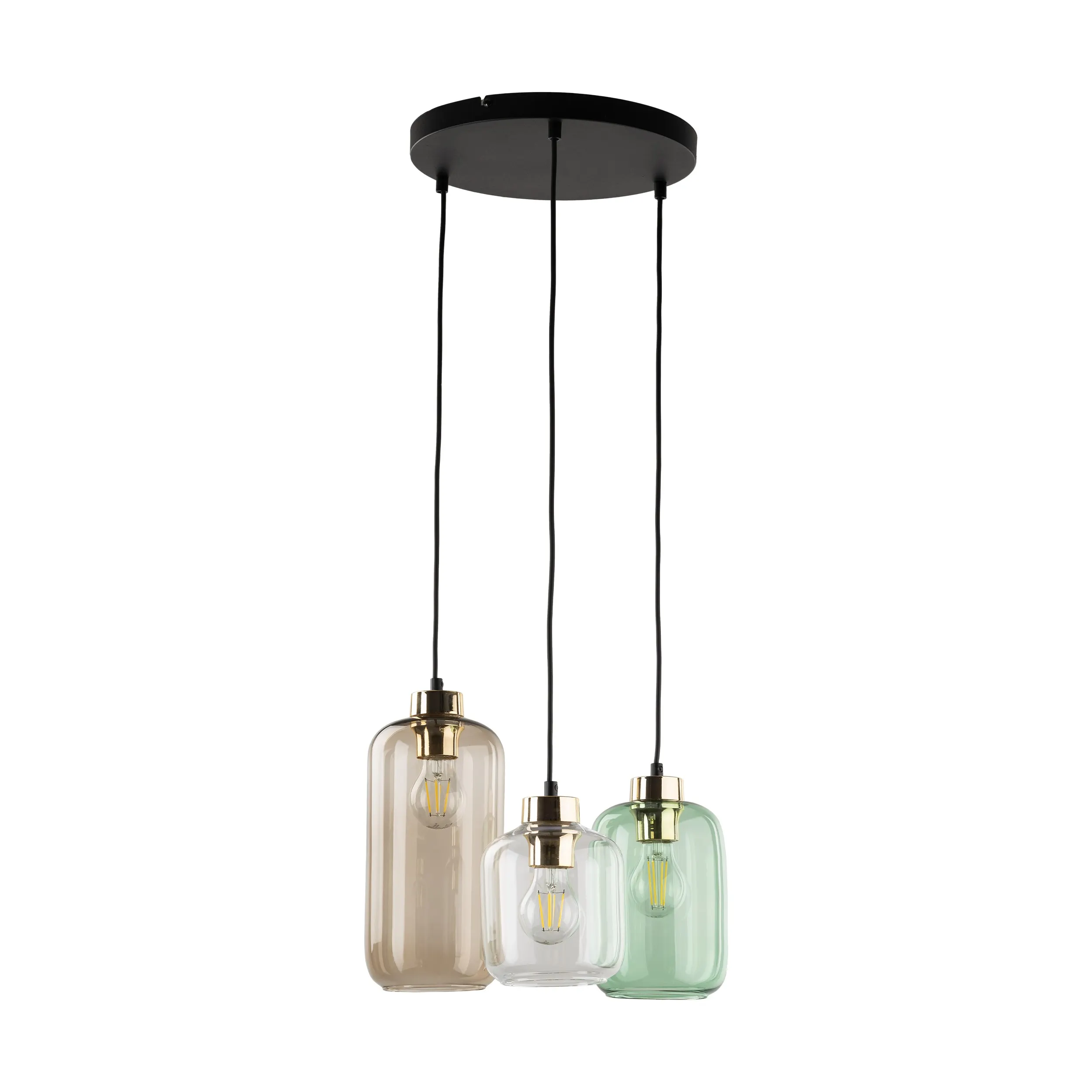 Lampa wisząca MARCO czarna z różnokolorowymi brązowy zielony transparentny kloszami w różnych rozmiarach 100x37cm