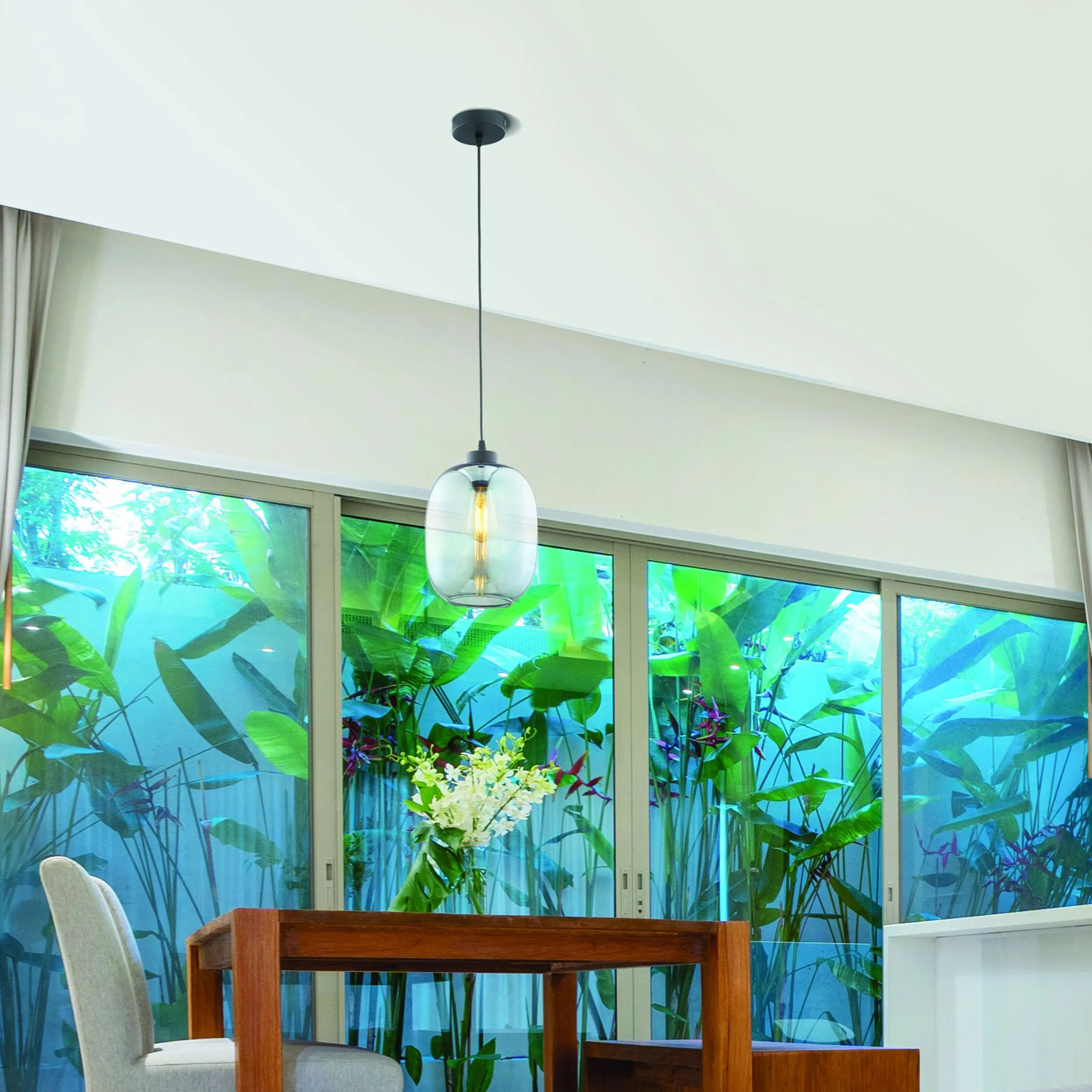 Lampa wisząca ELIO niebieski szklany klosz z czarnymi elementami 170x20cm - TK_3182