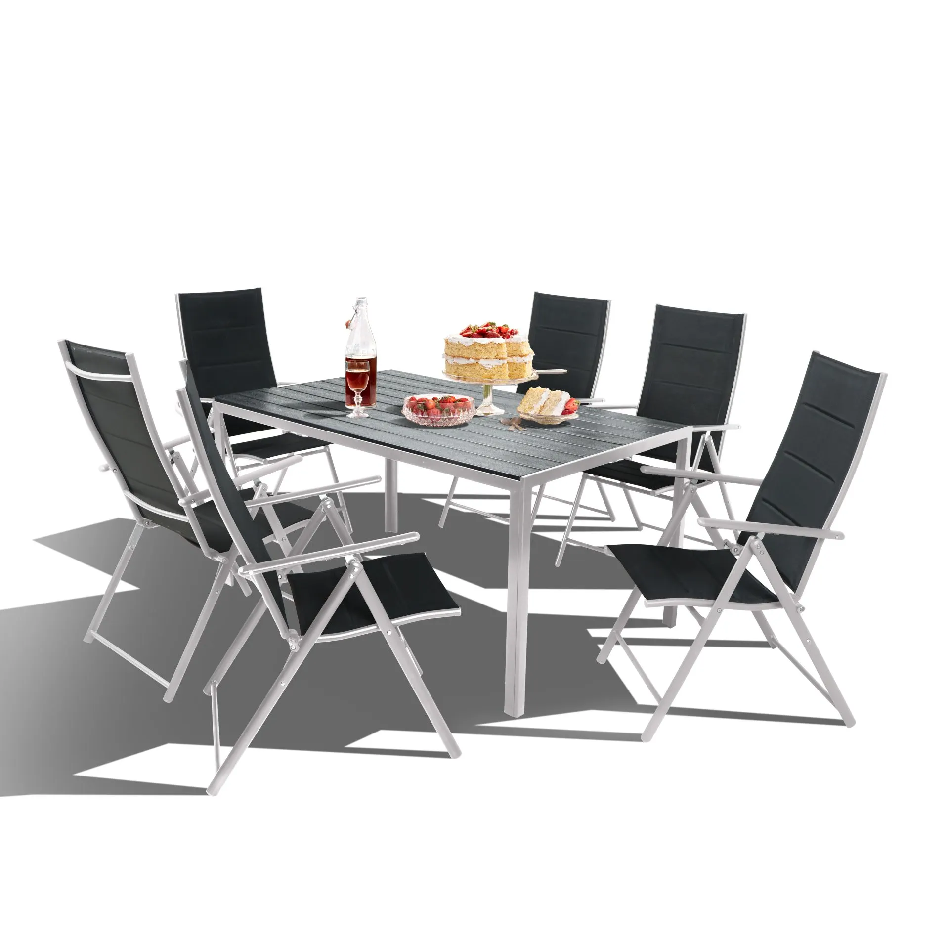 Zestaw Mebli LUXURY stół 150 cm + 6 składanych krzeseł czarno-srebrny — zdjęcie 10