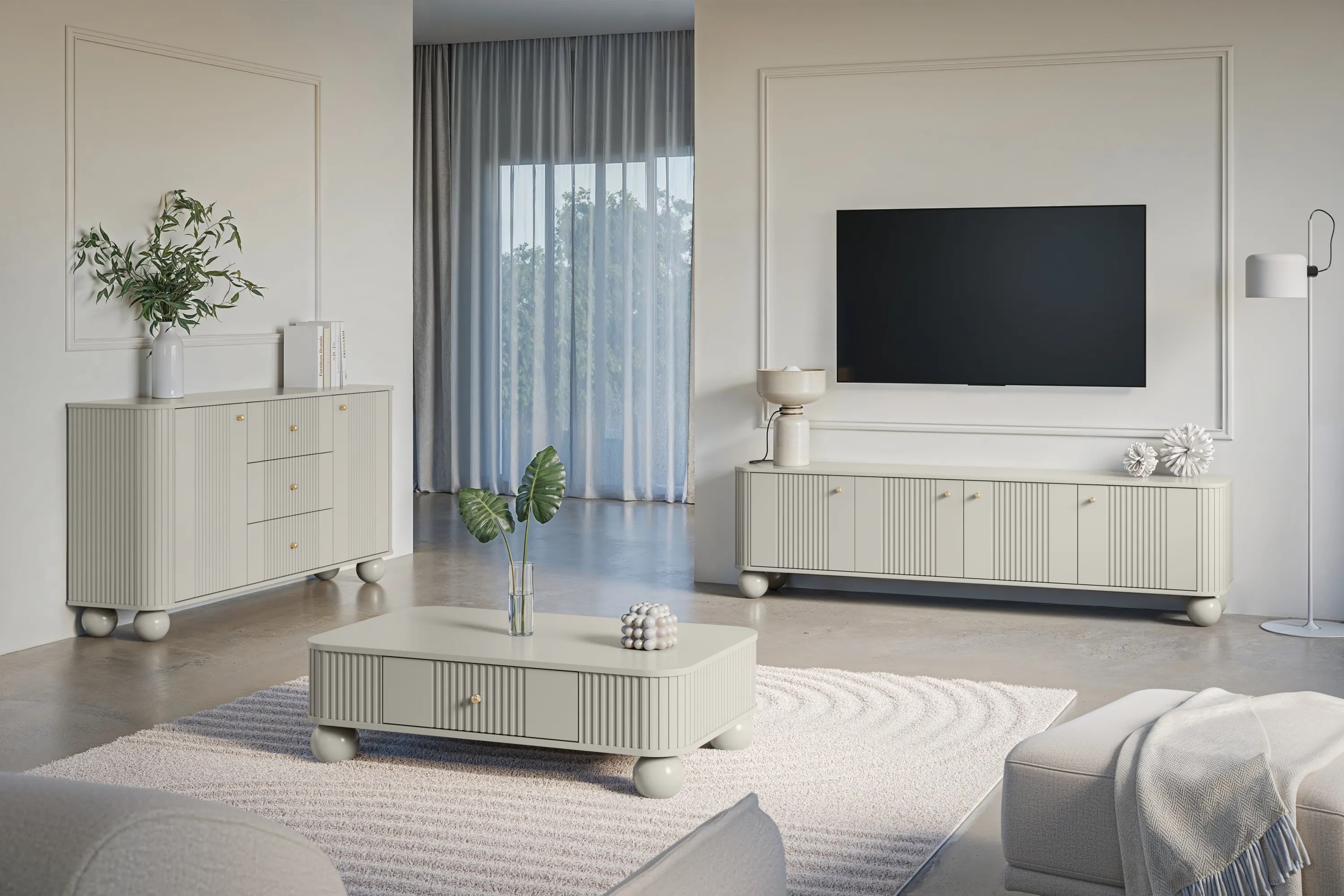 Szafka RTV 4-drzwiowa VESPER RTV 187 ryflowany front cashmere złote uchwyty nogi kule - B_163723