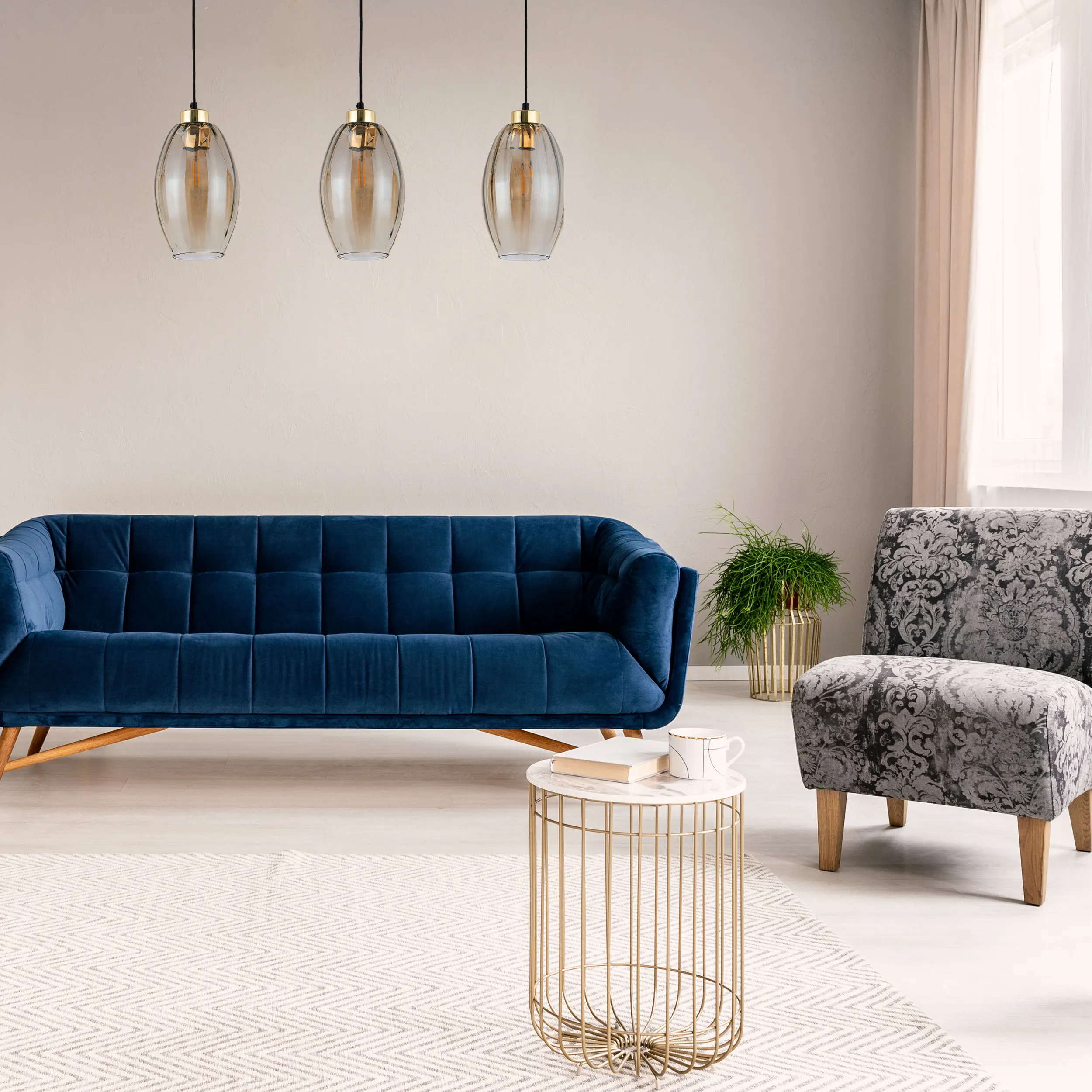 Lampa wisząca SEBO czarna ze złotymi elementami bursztynowymi transparentnymi szklanymi kloszami na metalowej listwie 100x80x16cm - TK_4635