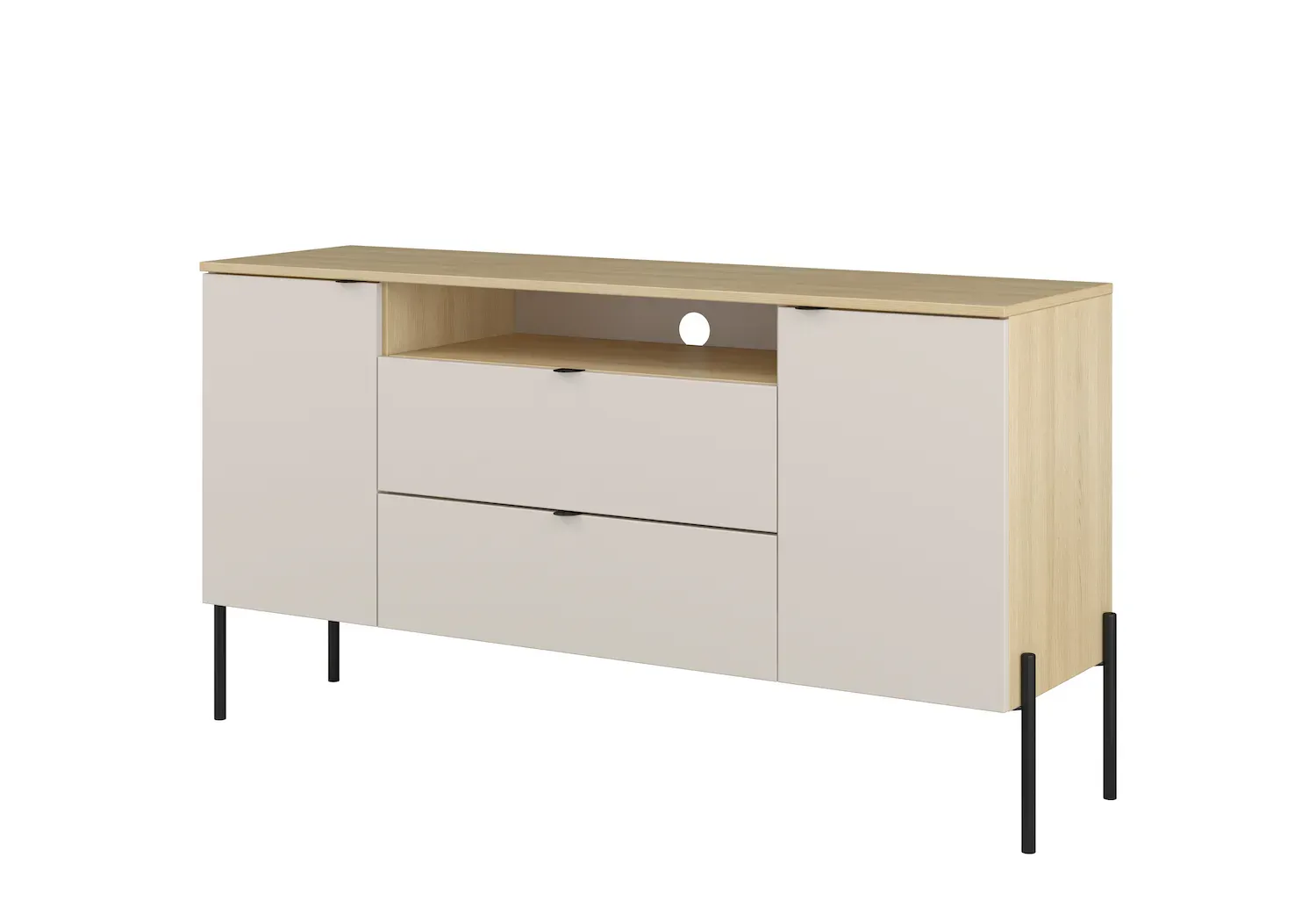 Komoda 2-drzwiowa z 2 szufladami i wnęką ORE 140 cm dąb lindberg kaszmir czarne nóżki