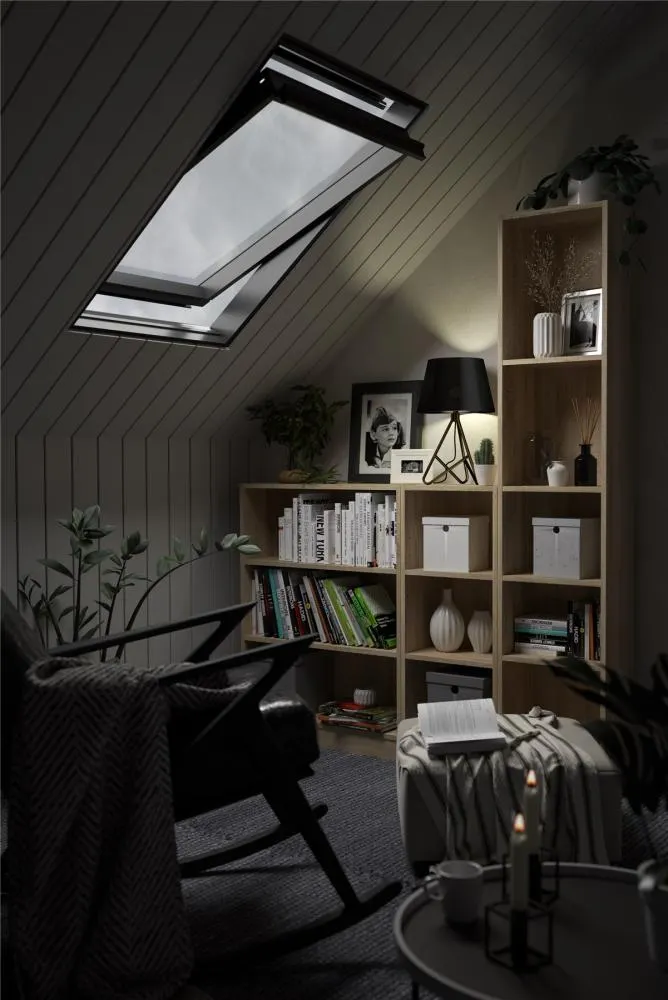 regał, regał z książkami, skylight, lampka biurowa, plisy/połysk