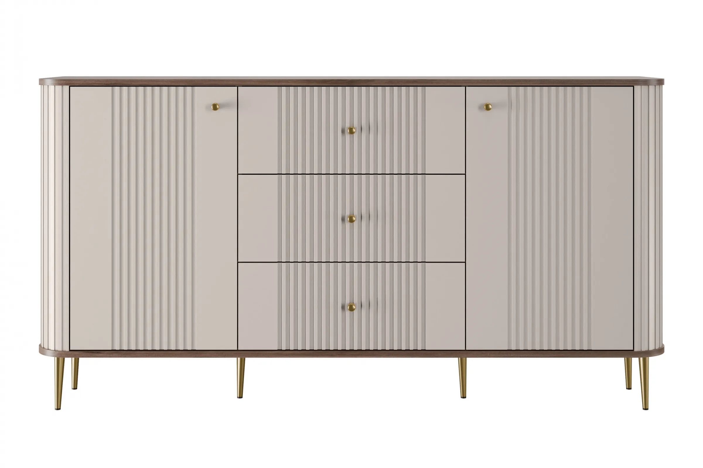 Komoda 2-drzwiowa z 3 szufladami VESPER 160 ryflowany front cashmere orzech złote nogi - B_163603