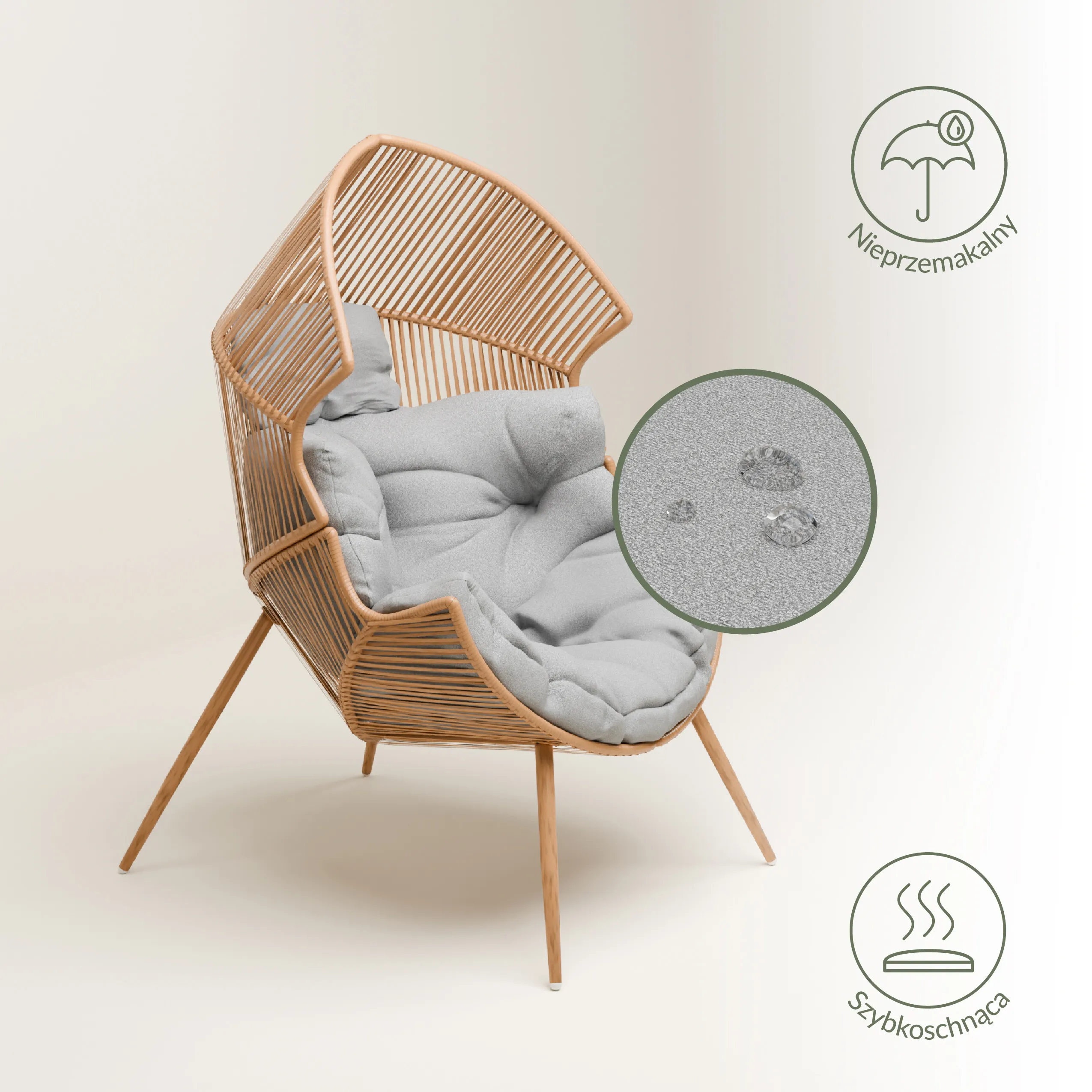 Fotel ogrodowy technorattanowy SUMMERY kokon z szarą poduszką naturalny Zenjoy — zdjęcie 16