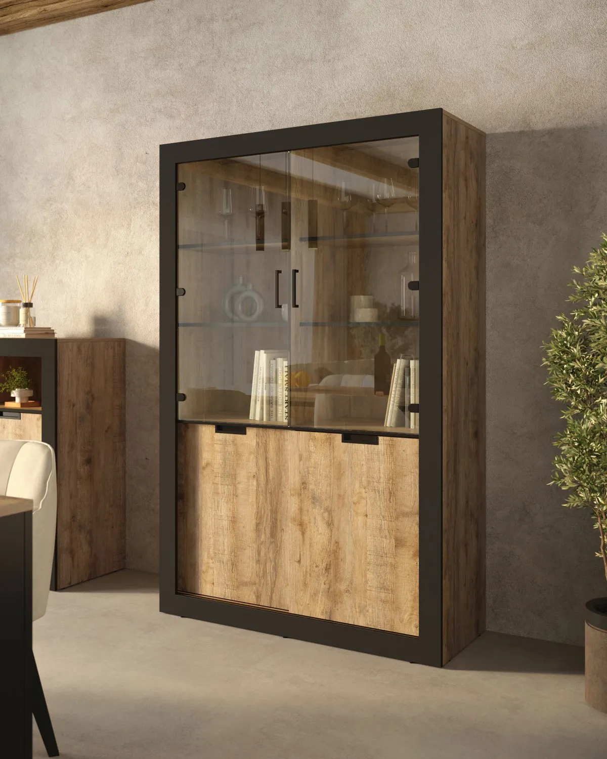 Witryna wysoka 4-drzwiowa TUDOR - dąb samdal, czarny - 24WSNZ12