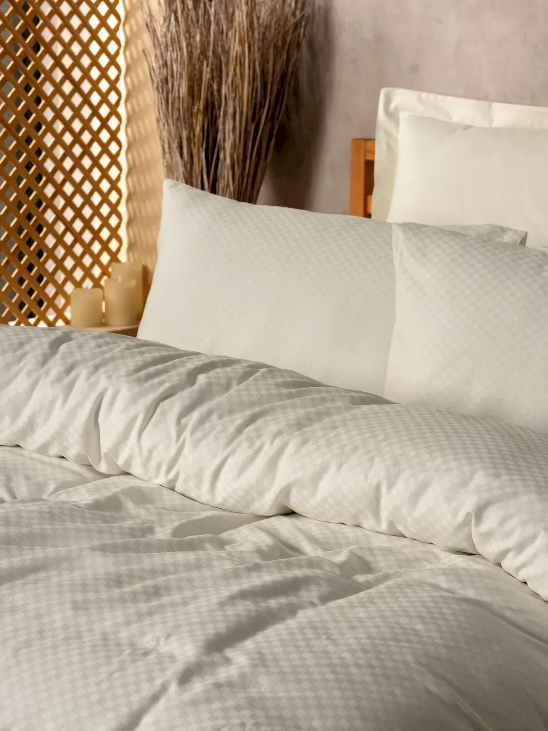 Komplet pościeli w kratkę PLAIN 140x200 poszewka 60x60 kremowy