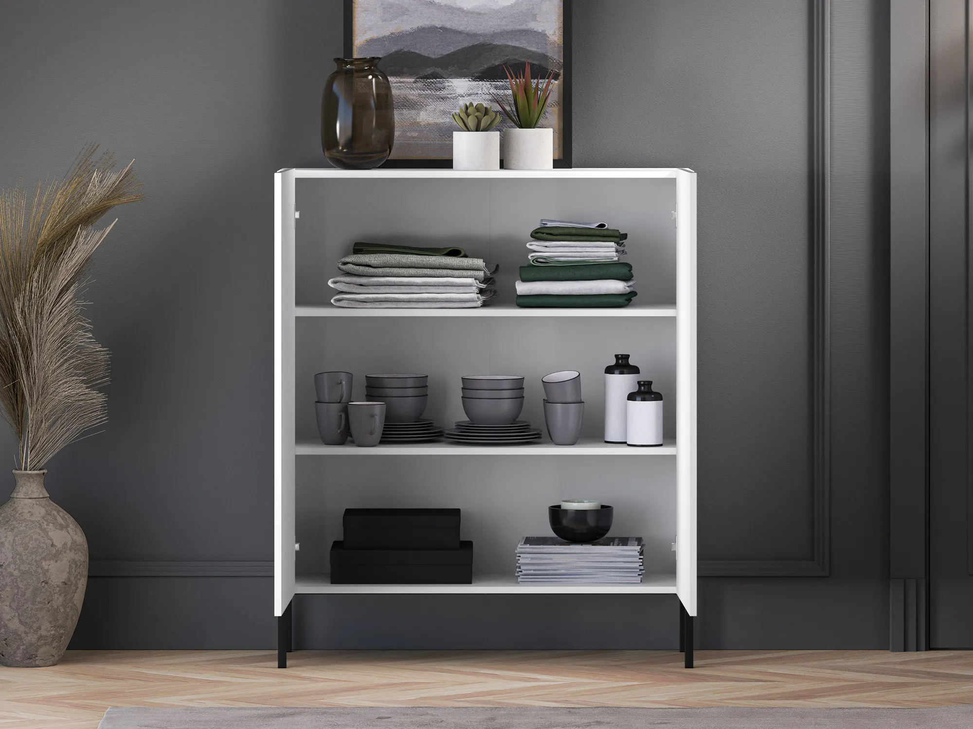 Komoda wysoka 2-drzwiowa CLEARING 01 biały alpejski, noga-czarny - 1CLEA01-001-02