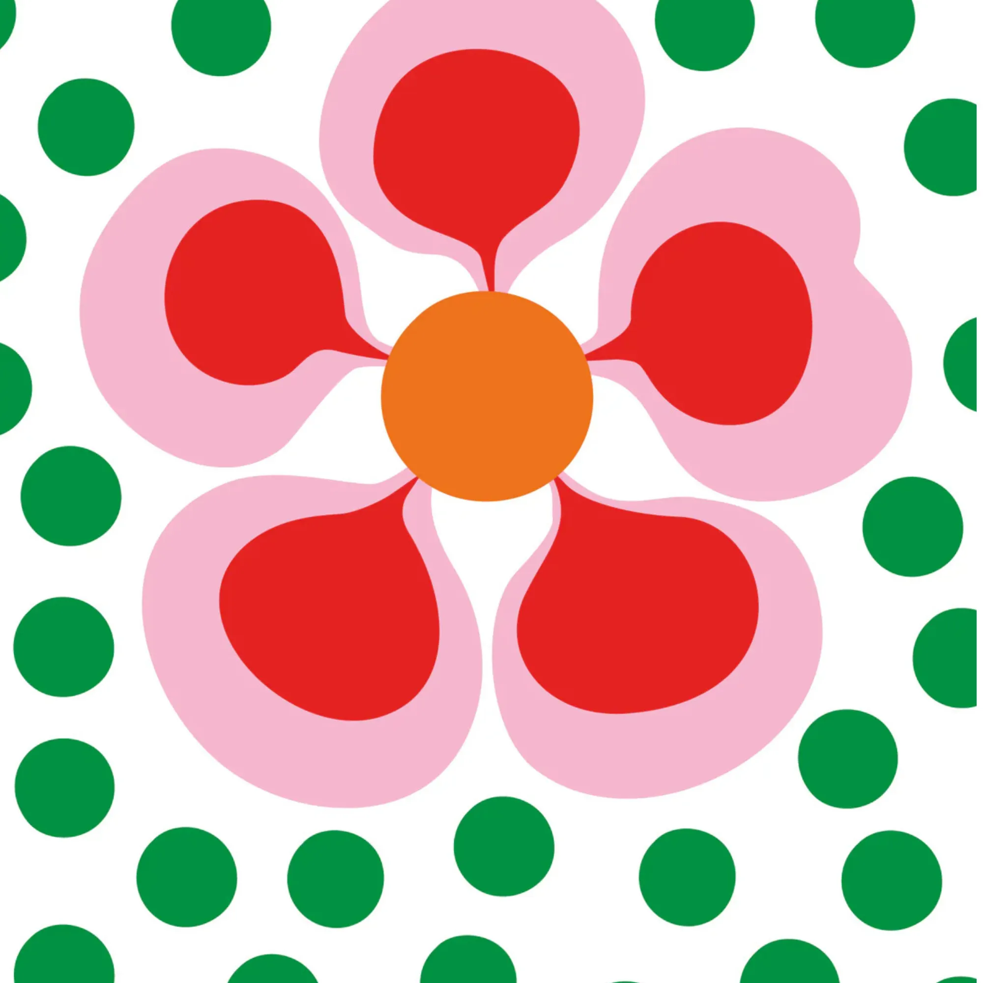 image flower, pink petals, orange center, green polka dots, red teardrop petals